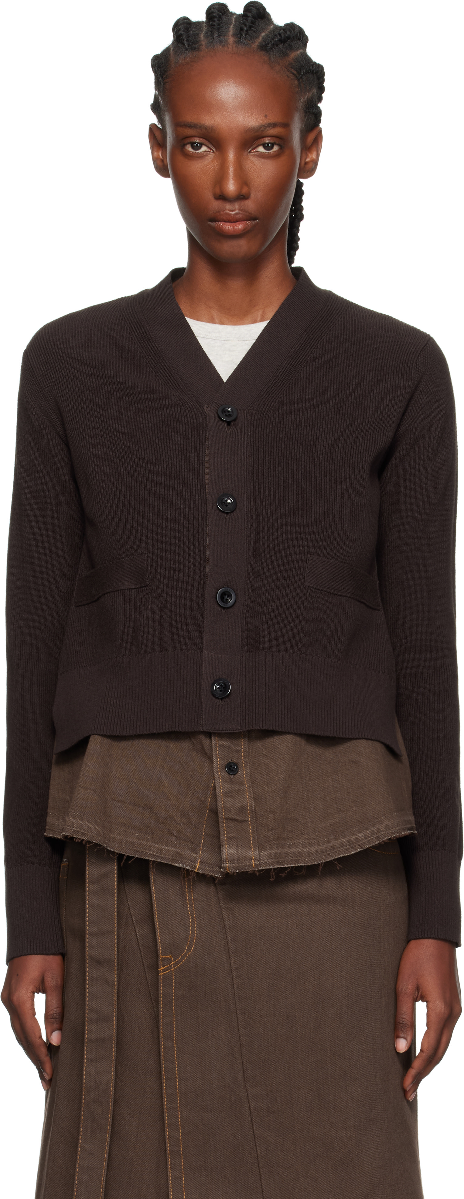 sacai: Brown Denim x Knit Cardigan | SSENSE