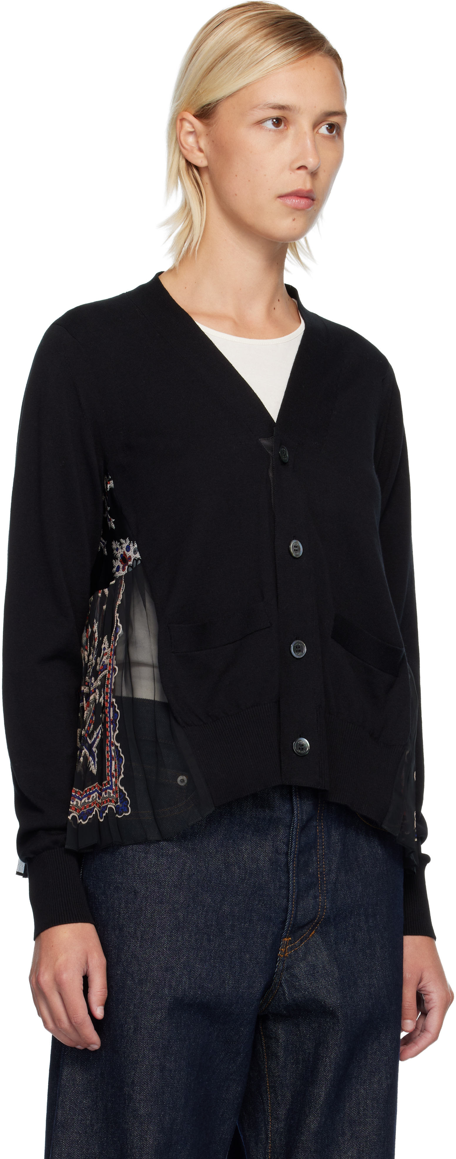 sacai: Black Paisley Print & Cotton Knit Cardigan | SSENSE Puerto Rico