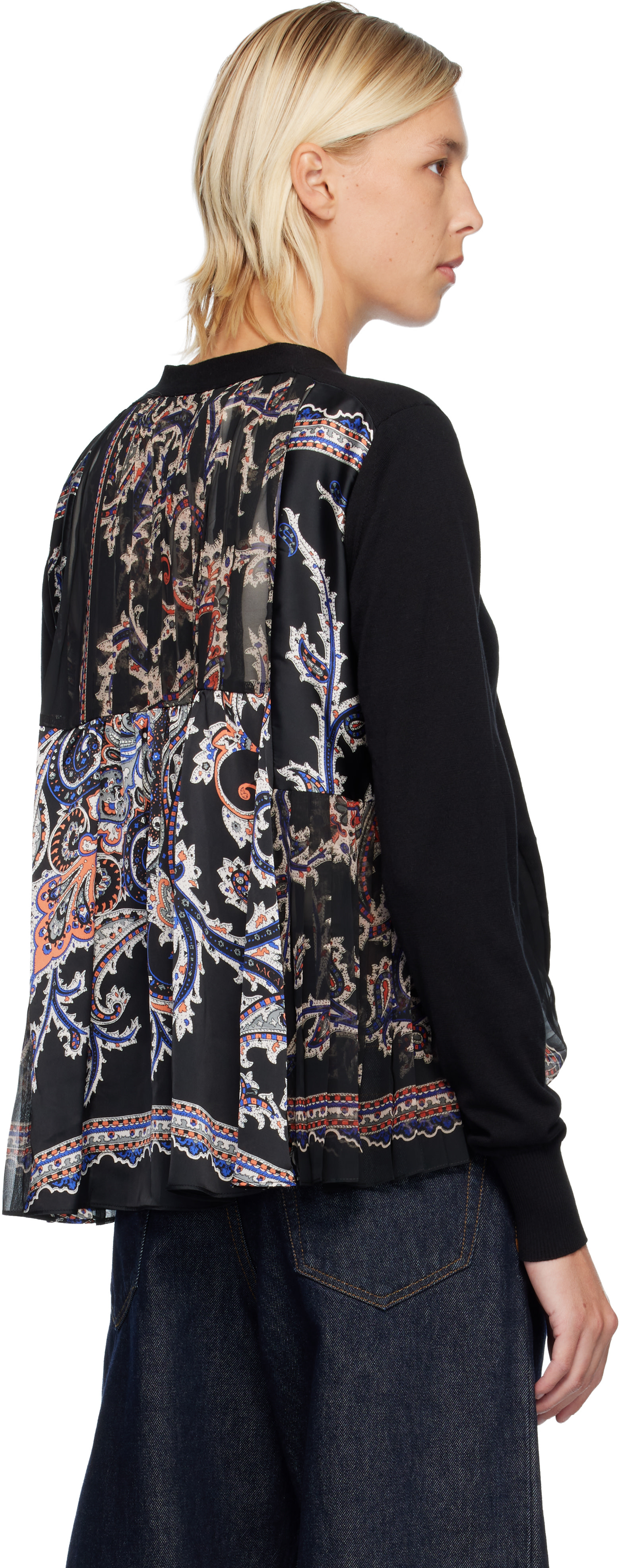 sacai: Black Paisley Print & Cotton Knit Cardigan | SSENSE Puerto Rico