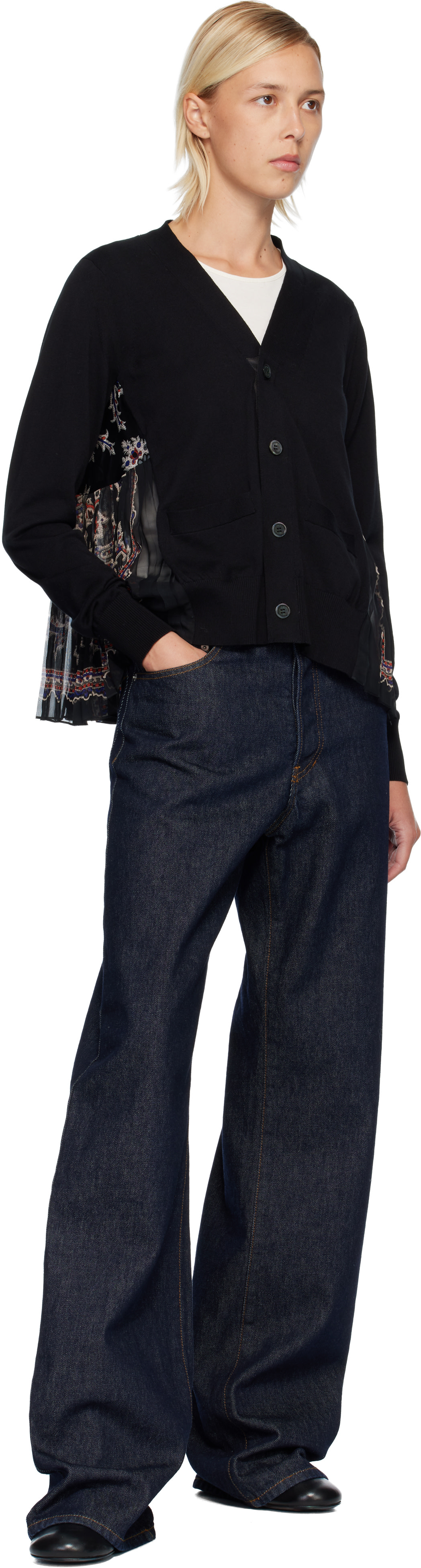 sacai: Black Paisley Print & Cotton Knit Cardigan | SSENSE Puerto Rico