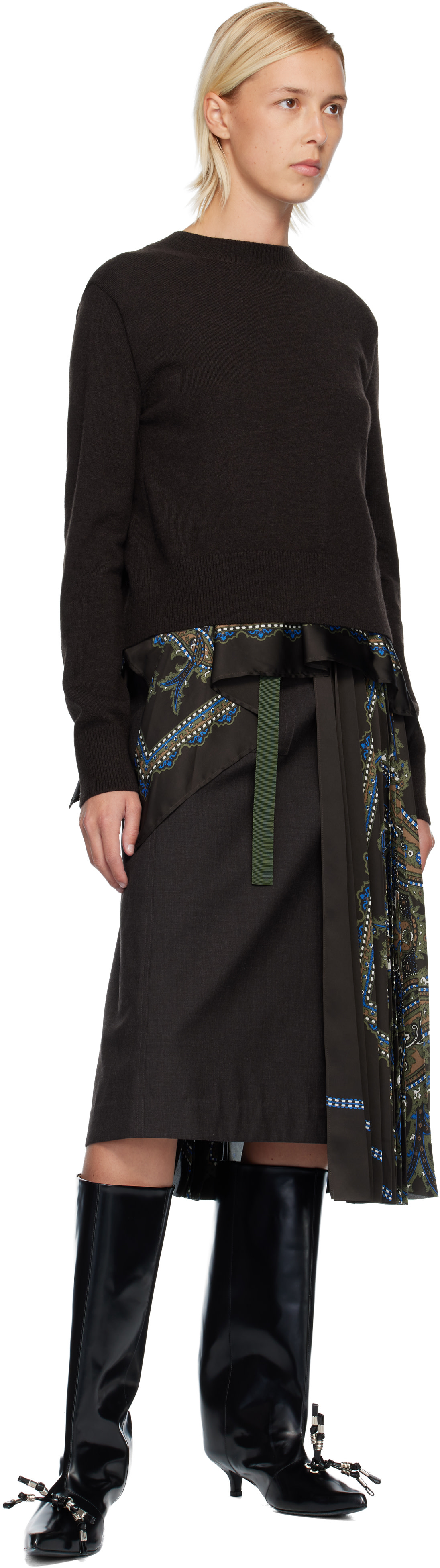 sacai: Brown Paisley Print & Wool Knit Sweater | SSENSE