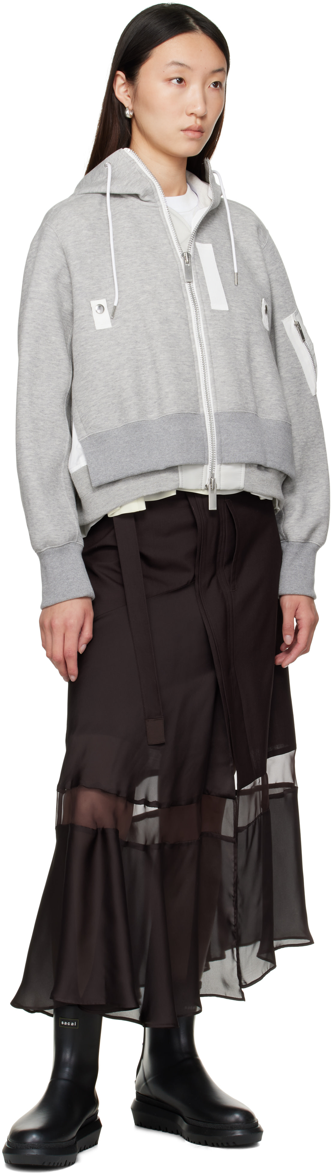 sacai: Gray Sponge Sweat x Nylon Twill Hoodie | SSENSE