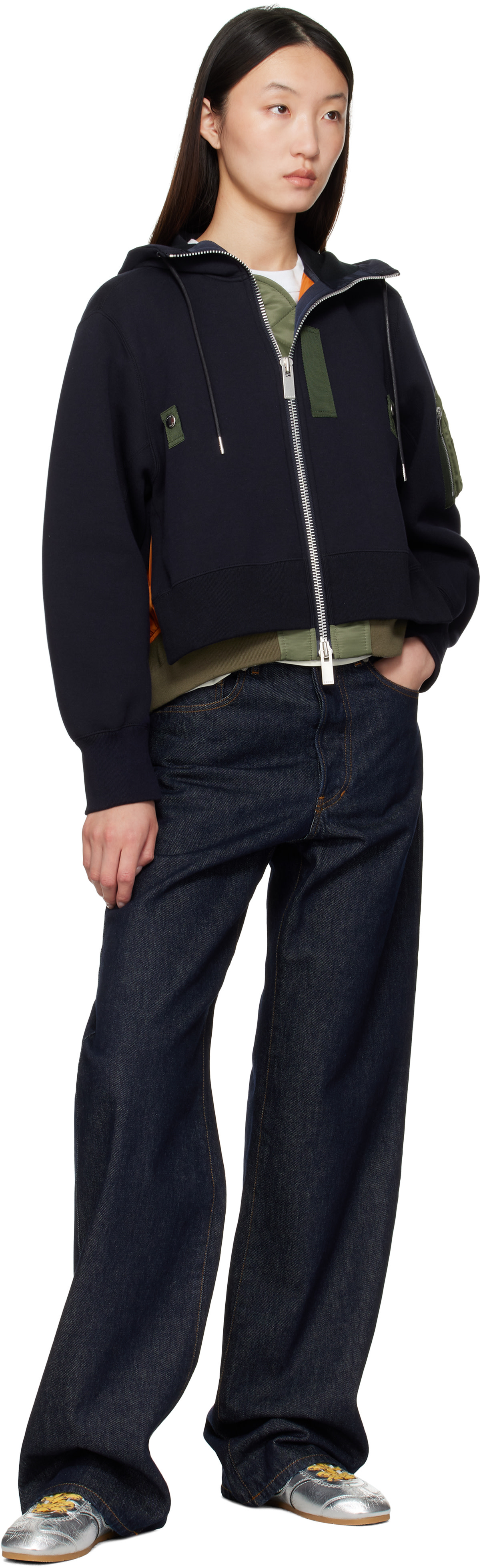 sacai フード付きネイビー・オリーブジャンパー サイズ3 中古・古着通販】sacai (サカイ) 切替ジップパーカー ネイビー×カーキ