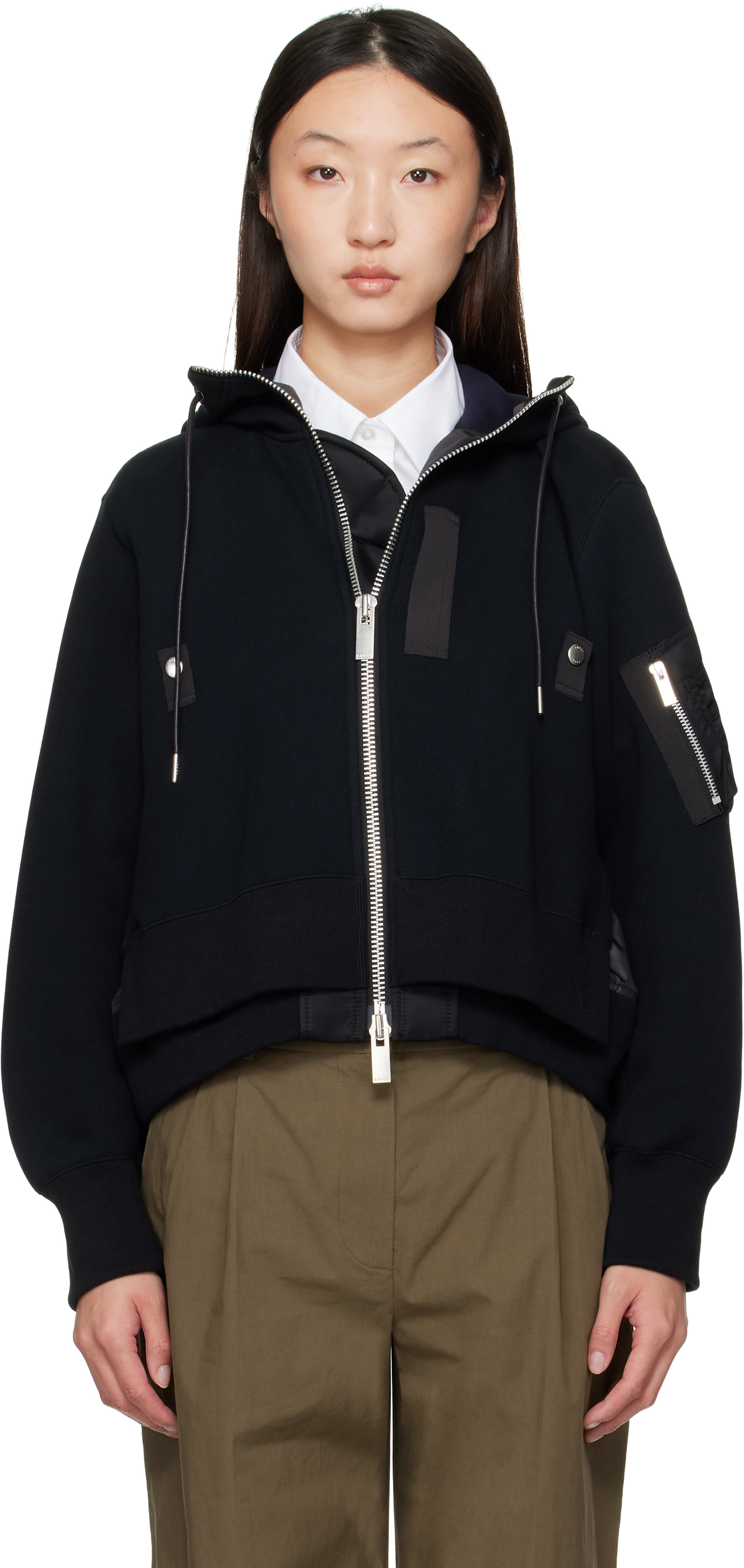 sacai: Black Sponge Sweat x Nylon Twill Hoodie | SSENSE Canada