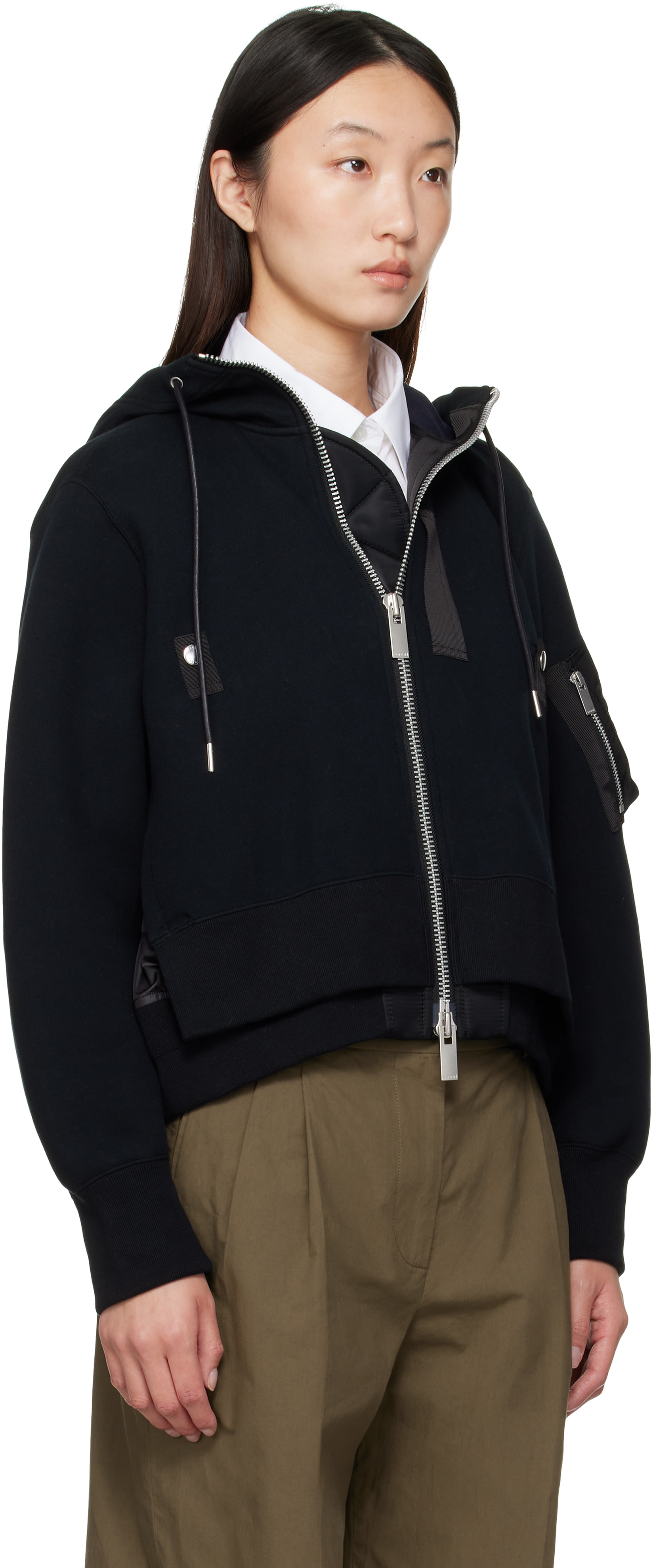 sacai: ブラック Sponge Sweat x Nylon Twill フーディ | SSENSE 日本