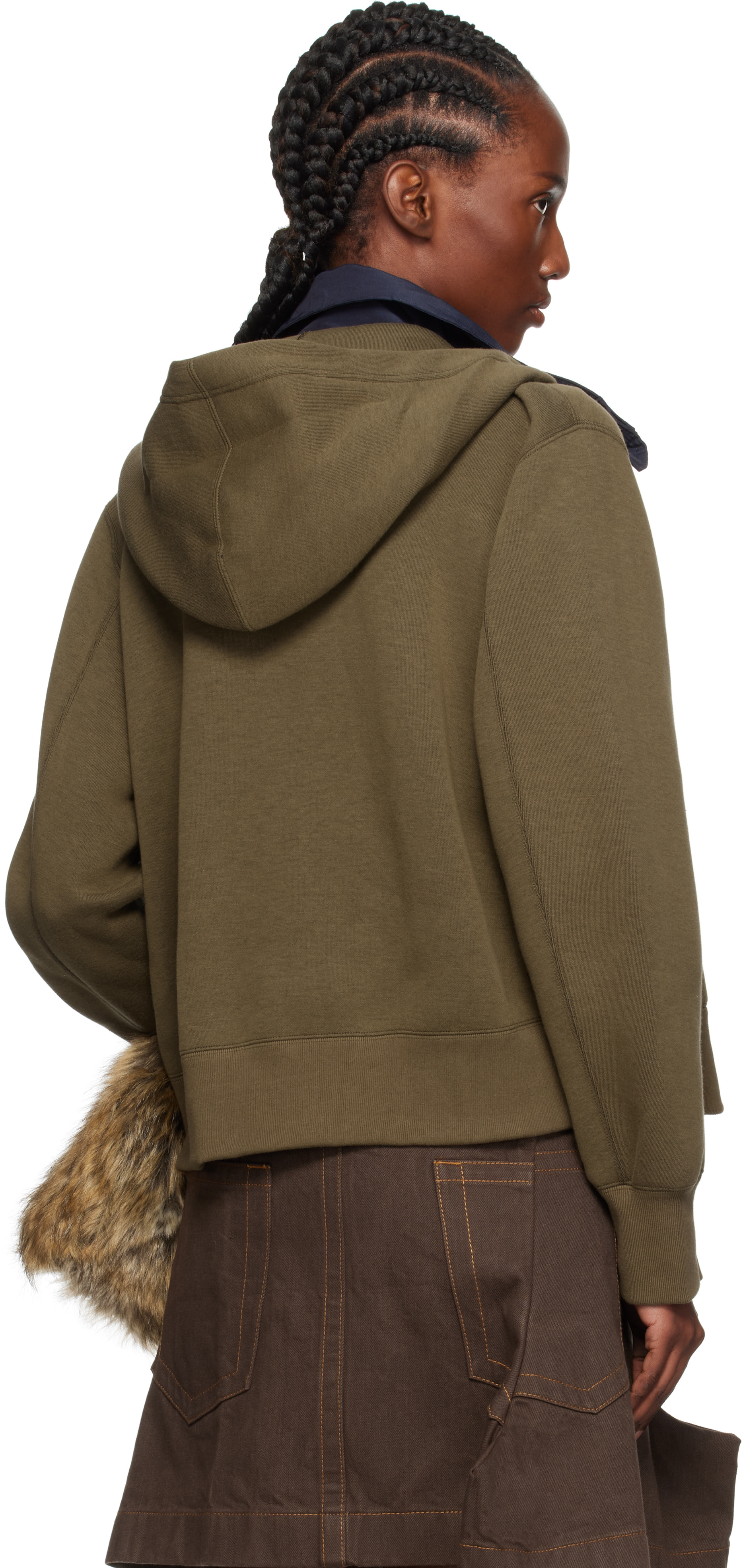sacai: Khaki & Navy Sponge Sweat x Grosgrain Hoodie | SSENSE