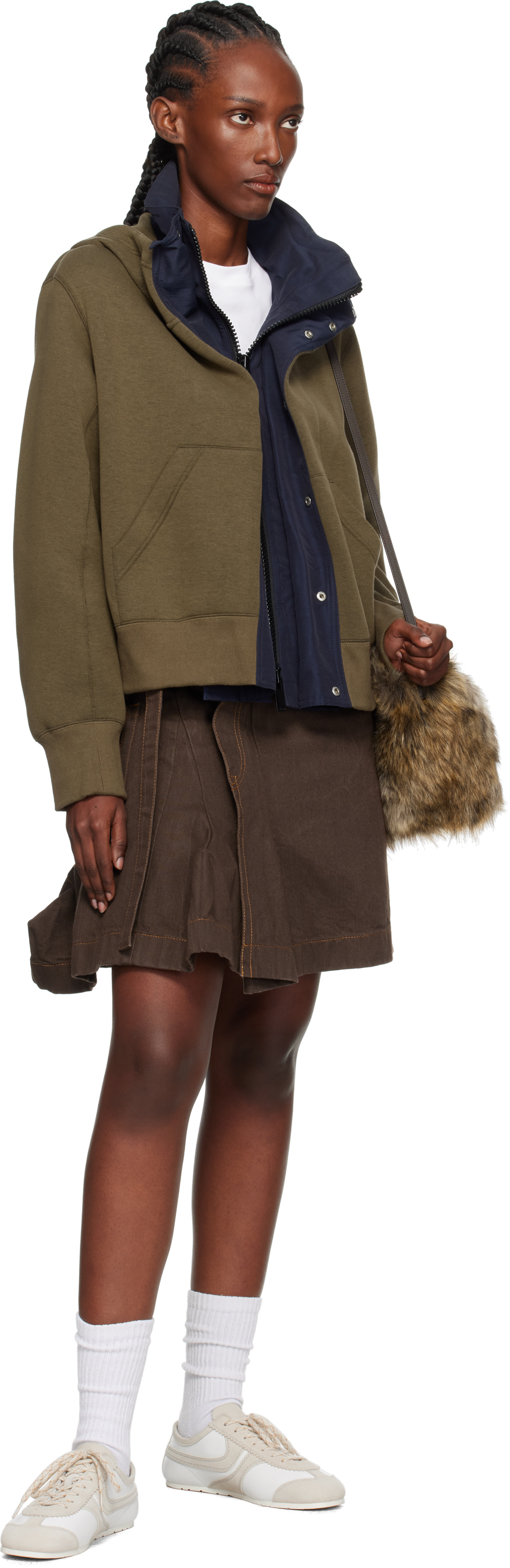 sacai: Khaki & Navy Sponge Sweat x Grosgrain Hoodie | SSENSE
