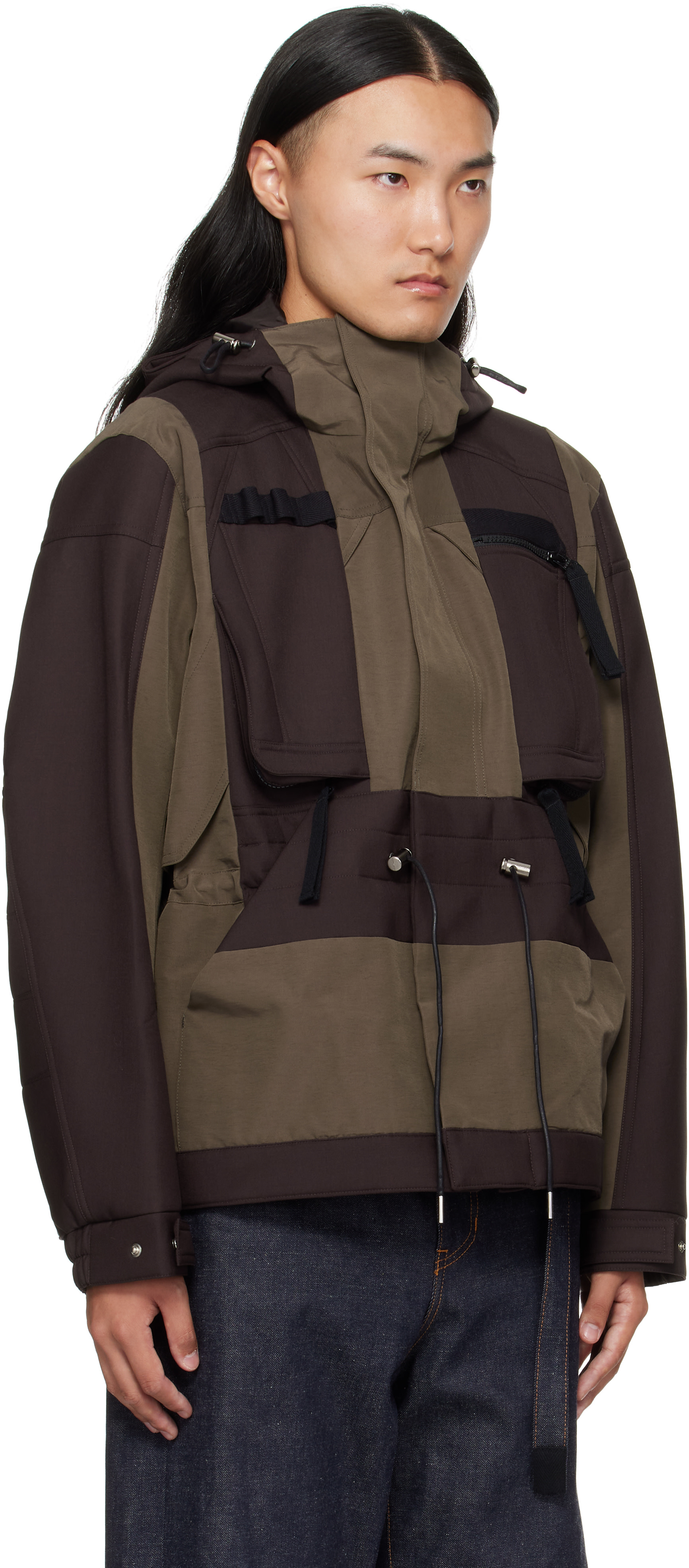 sacai: ブラウン＆カーキ Suiting Bonding Grosgrain ジャケット