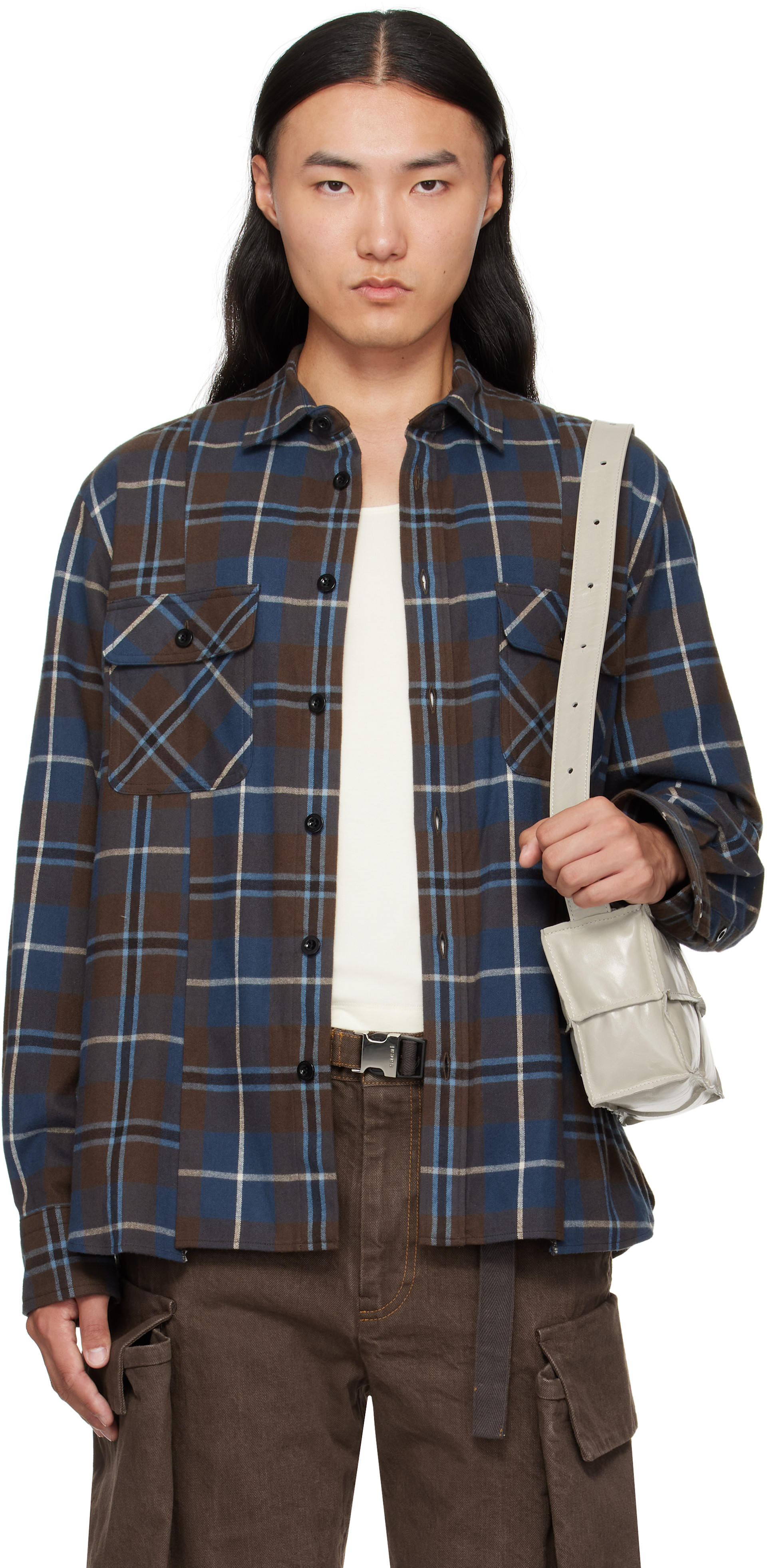 トップス sacai Wool flannel shirt x Nylon Twill 1 sacai: Brown & Blue Plaid Flannel Shirt | SSENSE Canada