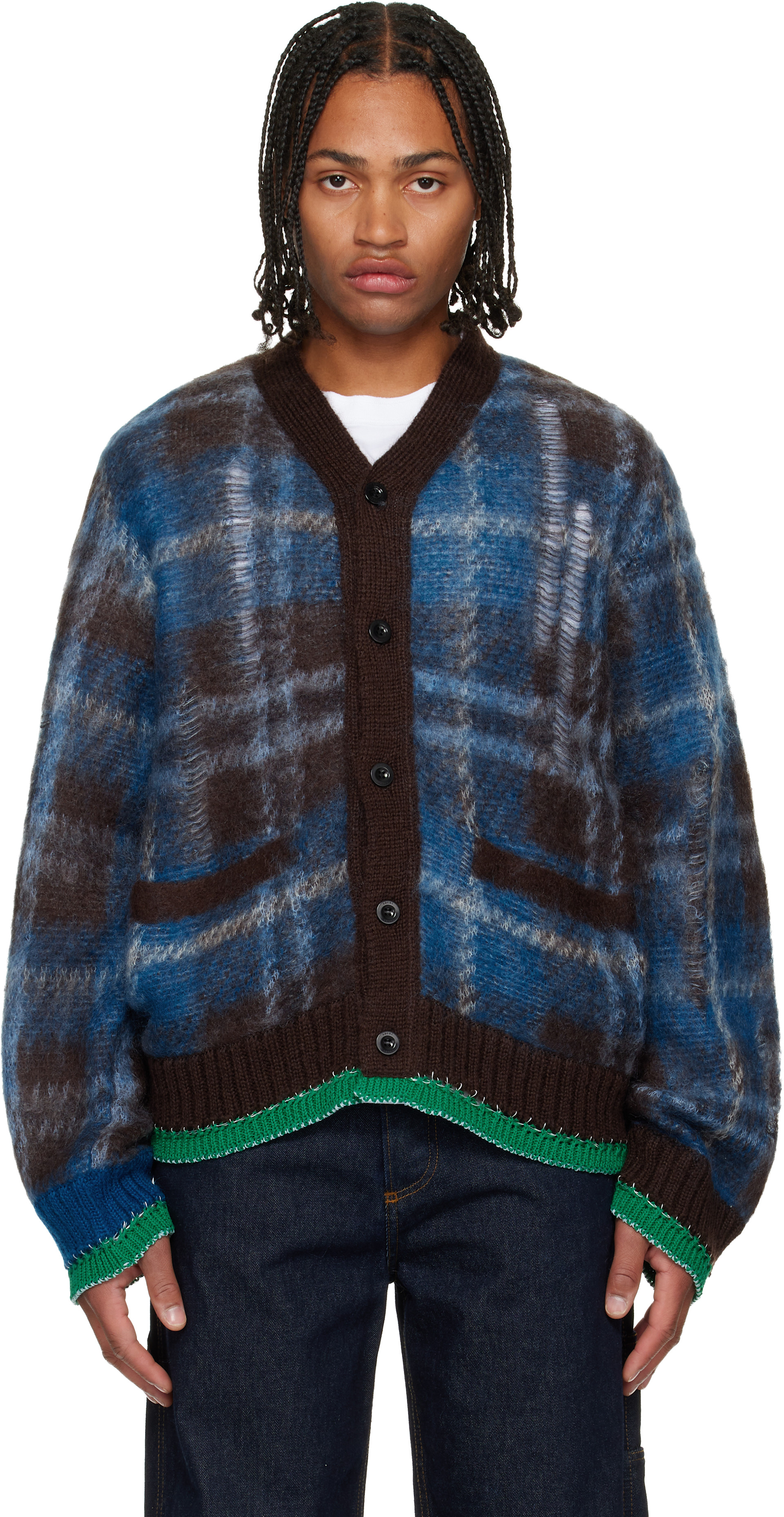 sacai カーディガン　サイズ3 sacai: Blue & Brown Plaid Mohair Knit Cardigan | SSENSE