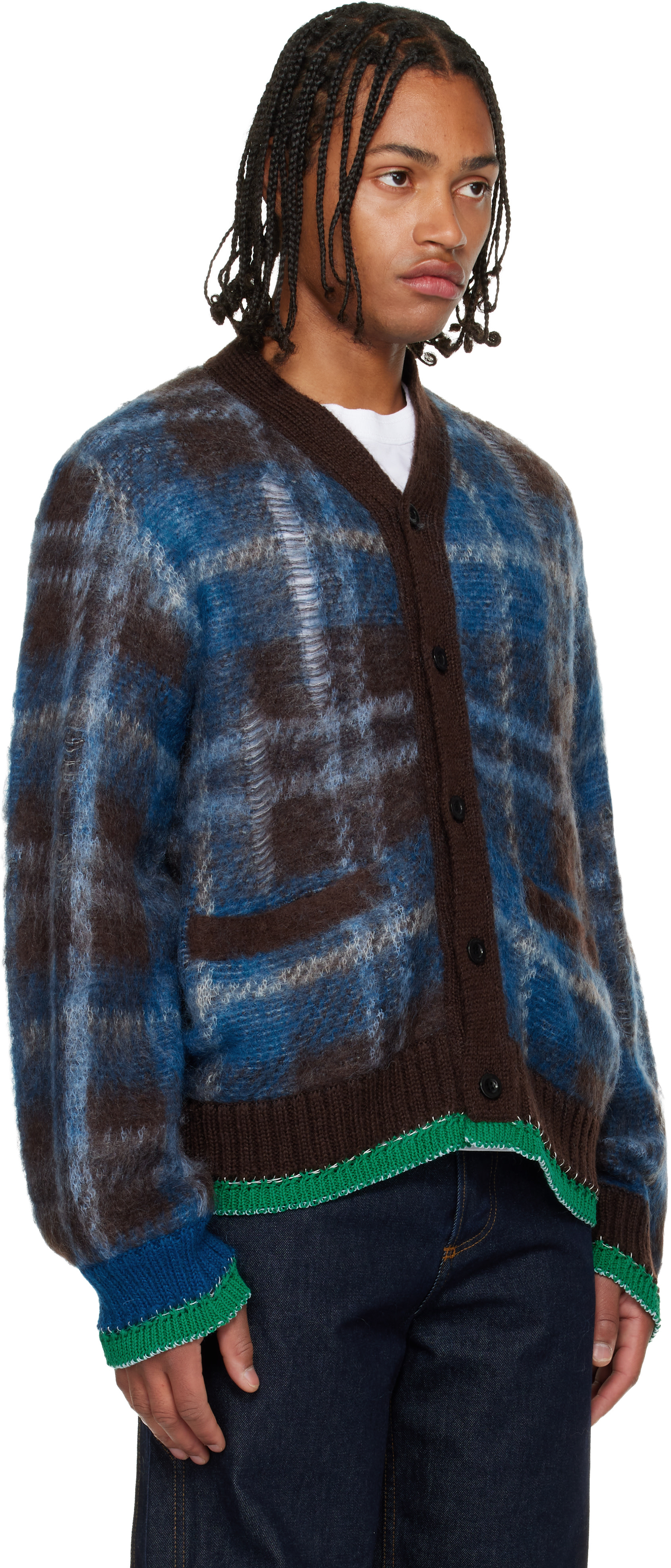 sacai: Blue & Brown Plaid Mohair Knit Cardigan | SSENSE