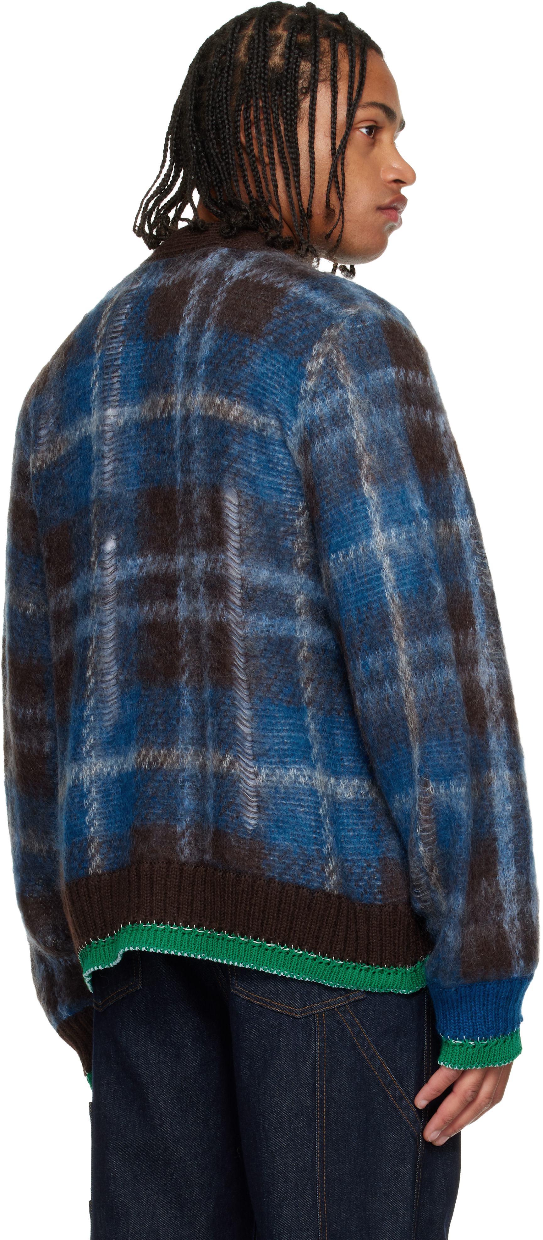 sacai: Blue & Brown Plaid Mohair Knit Cardigan | SSENSE