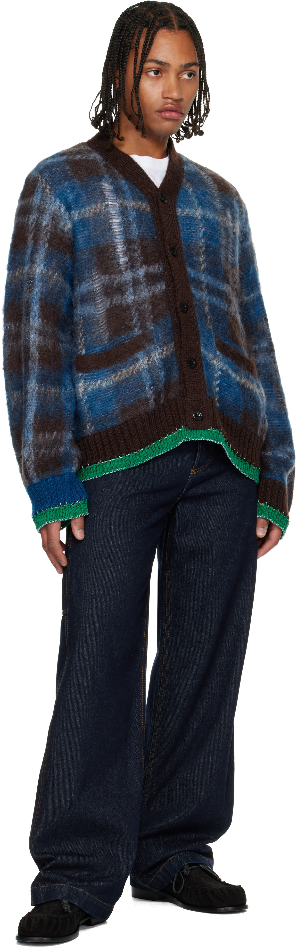 sacai: Blue & Brown Plaid Mohair Knit Cardigan | SSENSE