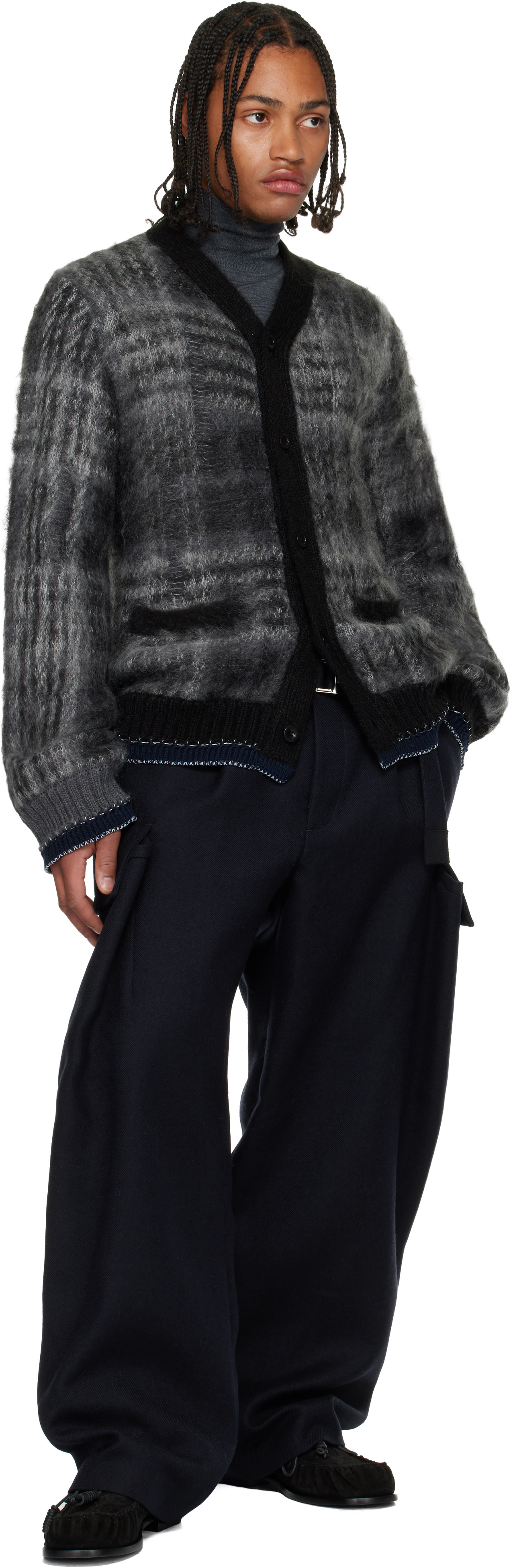 sacai カーディガン sacai: Gray Plaid Mohair Knit Cardigan | SSENSE