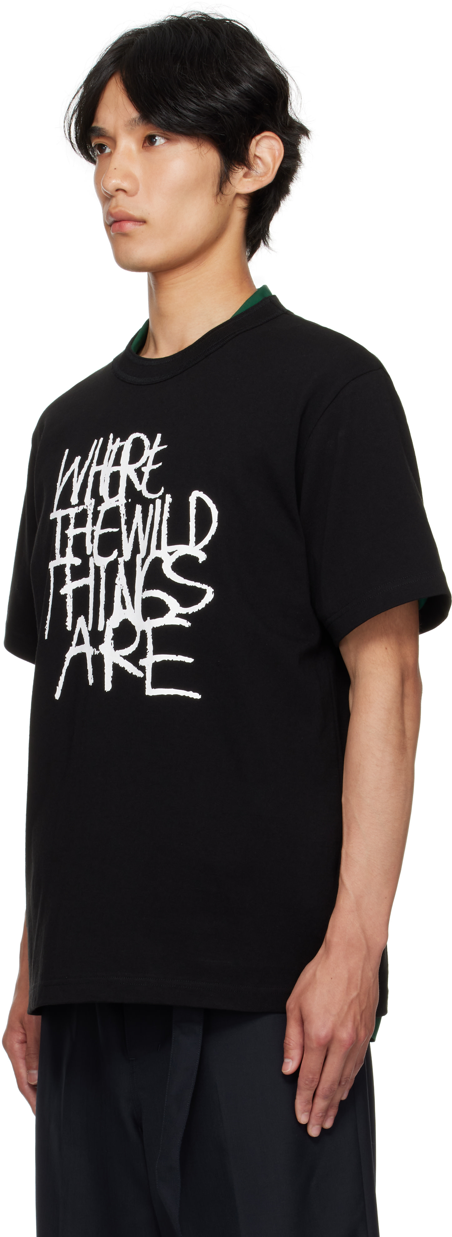 sacai フリンジデザイン ブラックTシャツ sacai: Black 'Where The Wild Things Are' T-shirt | SSENSE
