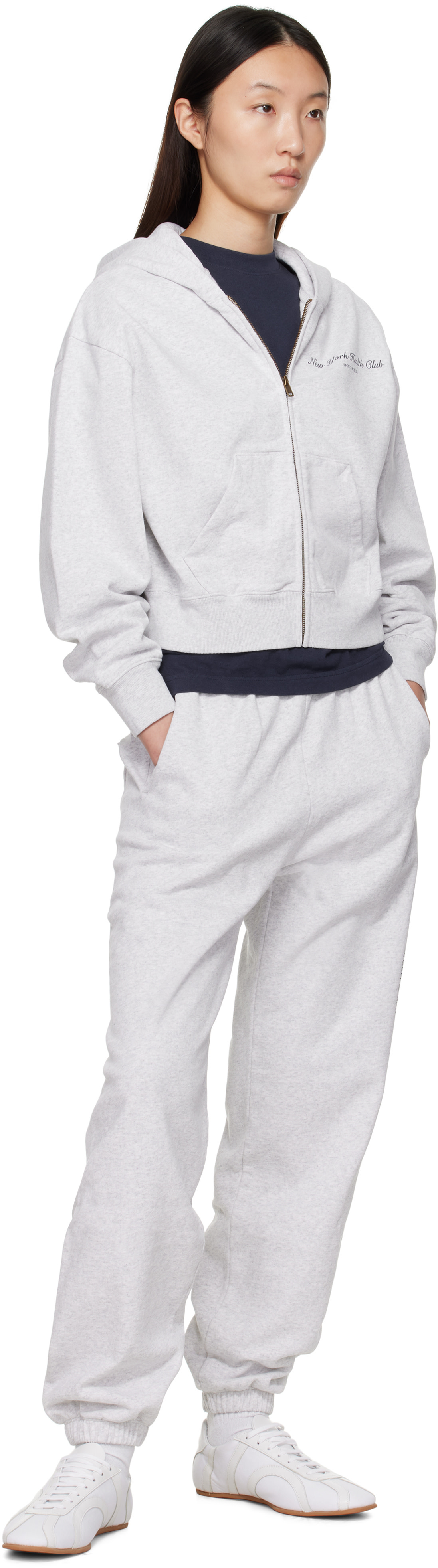 Sporty & Rich: Gray 'NY Health Club' Cropped Zip Sports Hoodie Sporty & Rich: Gray 'NY Health Club' Cropped Zip Sports Hoodie