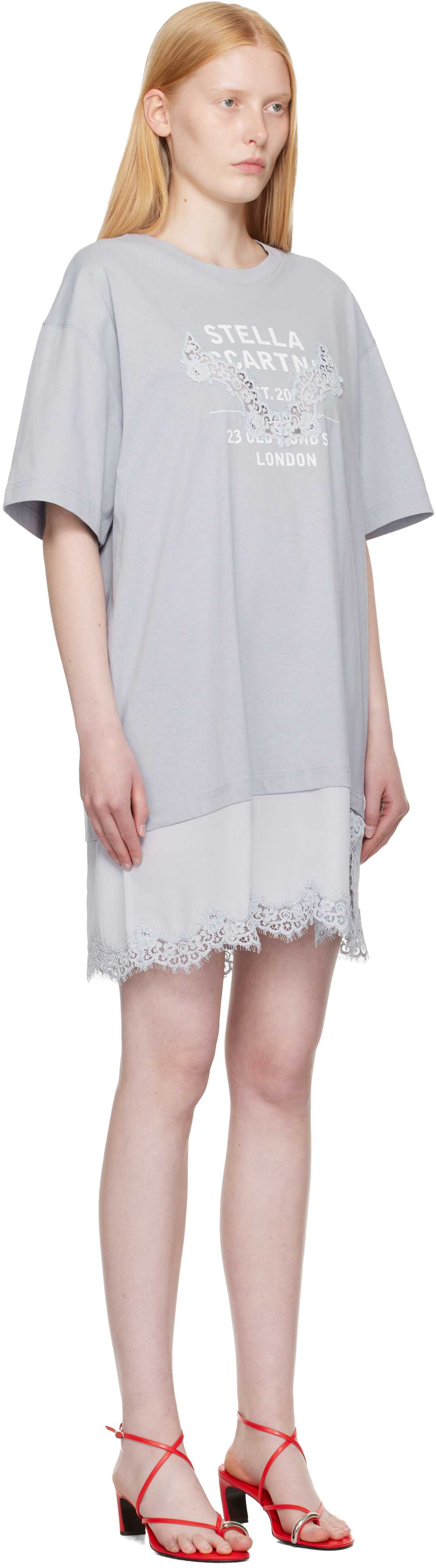 Stella McCartney: Blue Lace-Insert Graphic T-shirt Minidress | SSENSE