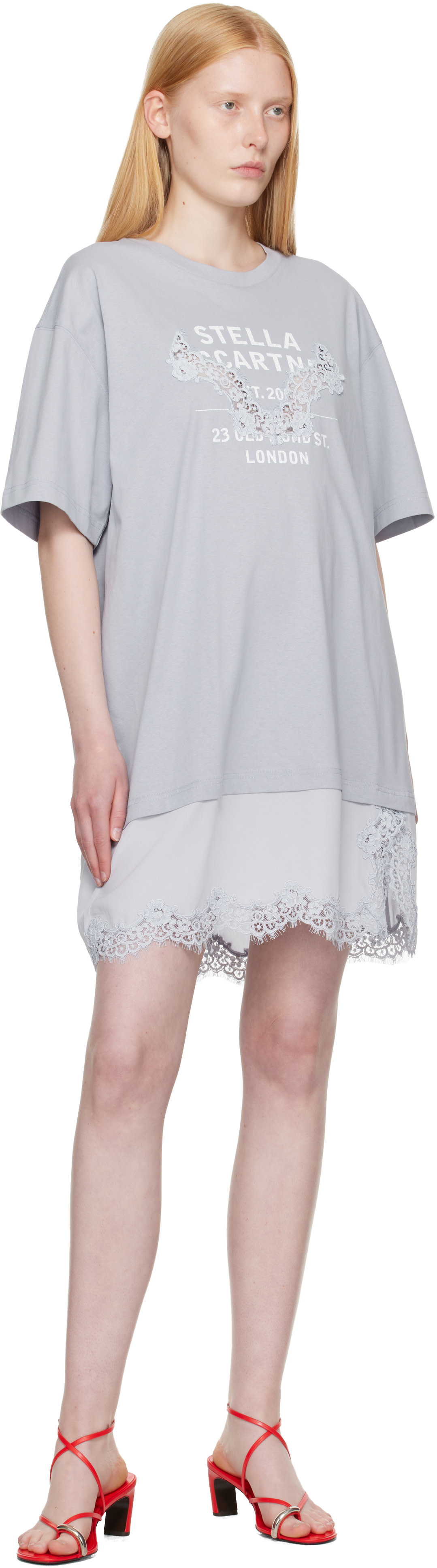 Stella McCartney: Blue Lace-Insert Graphic T-shirt Minidress | SSENSE