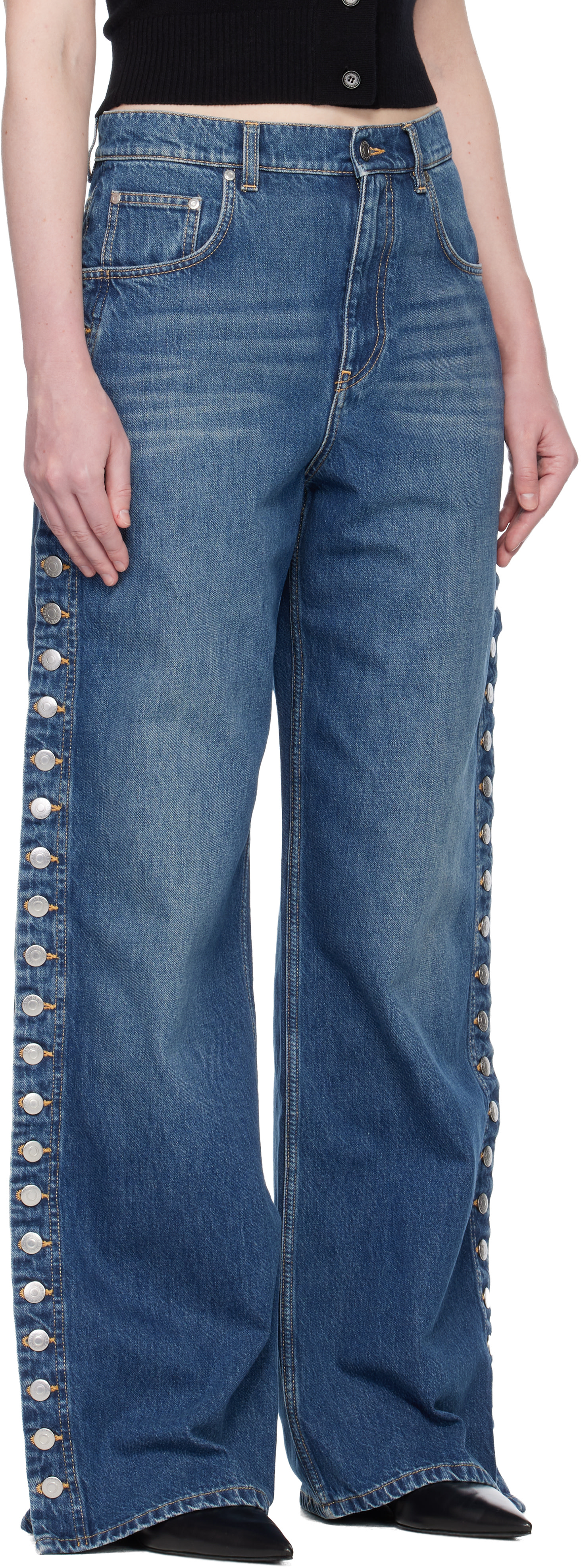 Stella McCartney: Blue Popper-Studded Straight-Leg Jeans | SSENSE