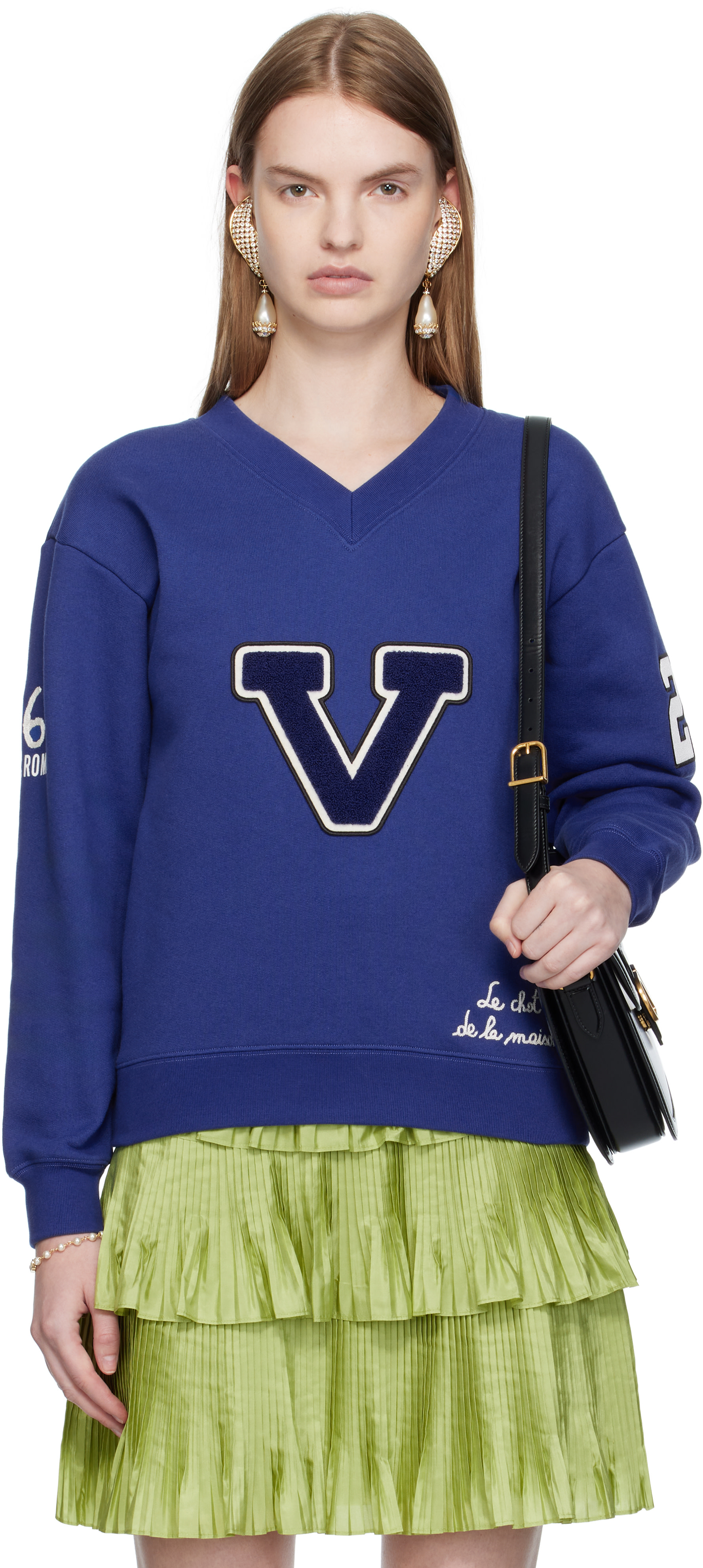 Valentino - Pull molletonné bleu en coton à broderies
