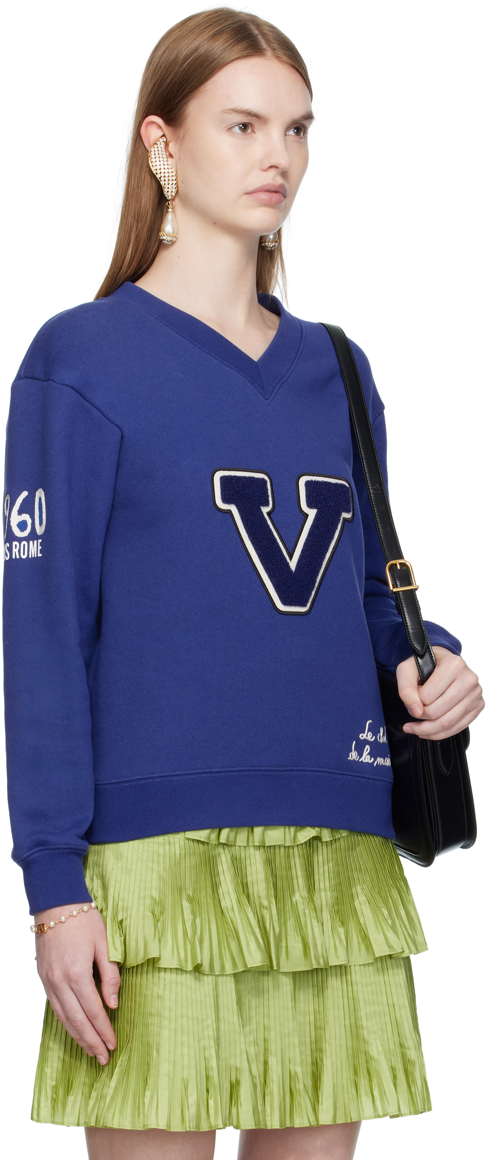 Valentino - Pull molletonné bleu en coton à broderies