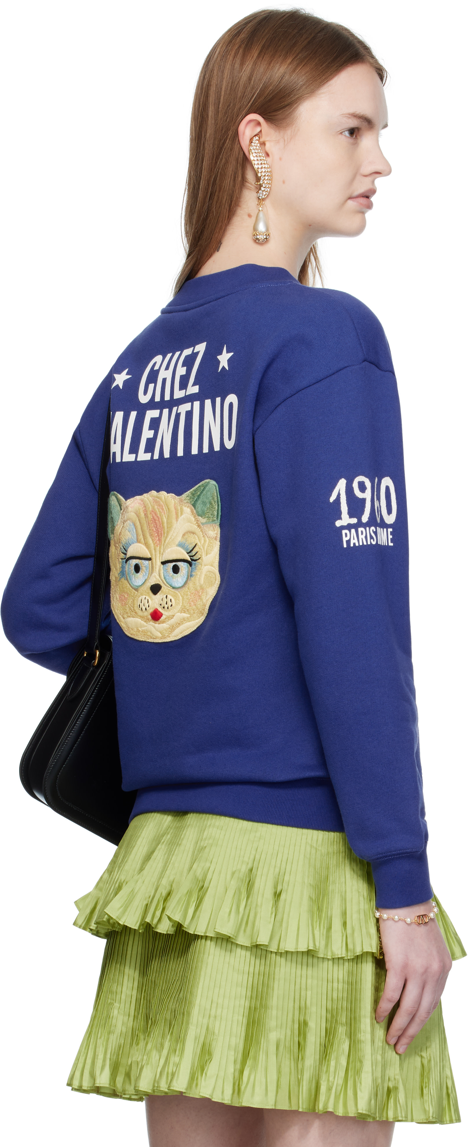 Valentino - Pull molletonné bleu en coton à broderies