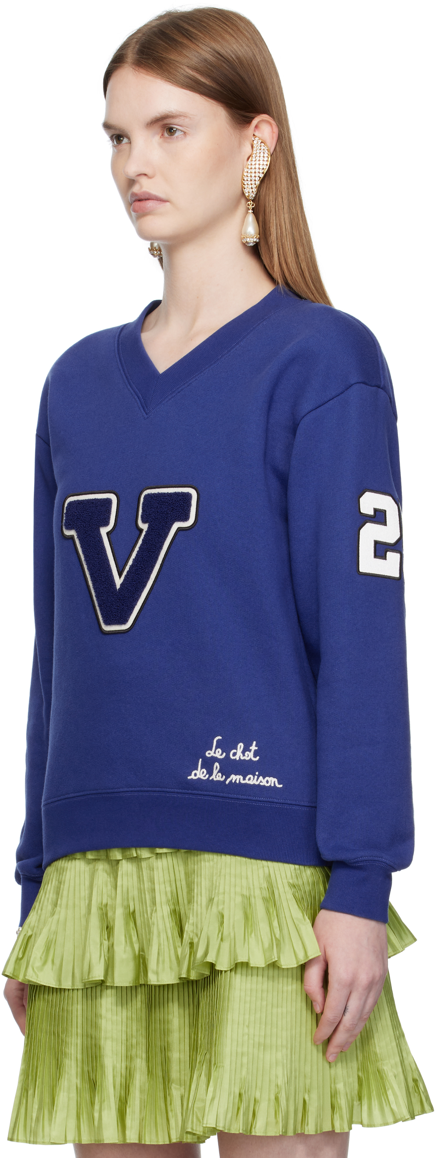 Valentino - Pull molletonné bleu en coton à broderies