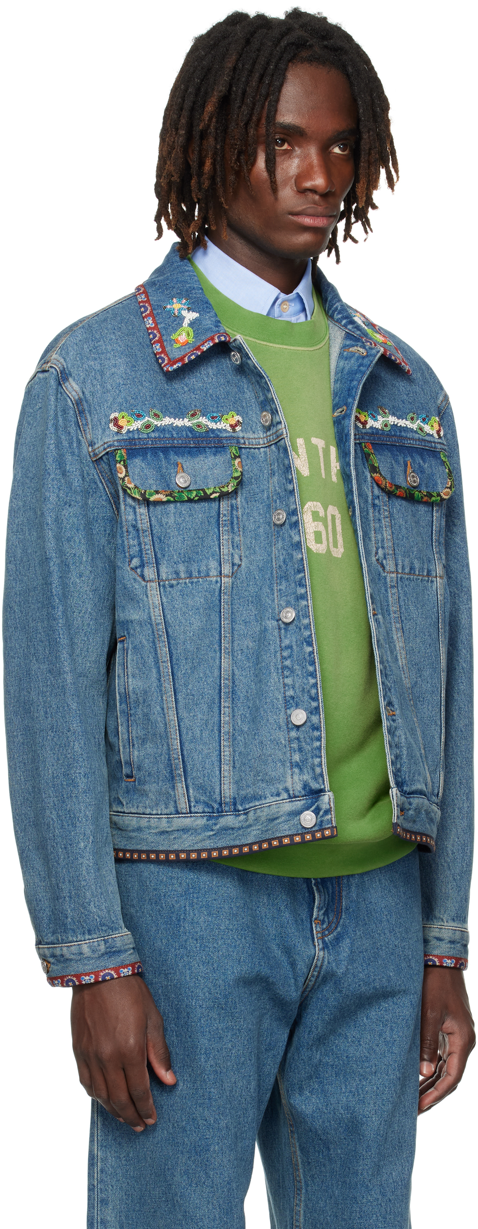 美品✨アパルトモン Boys denim Jacket インディゴブルー F Valentino: Blue Beaded Embroidery & Printed Edges Denim Jacket