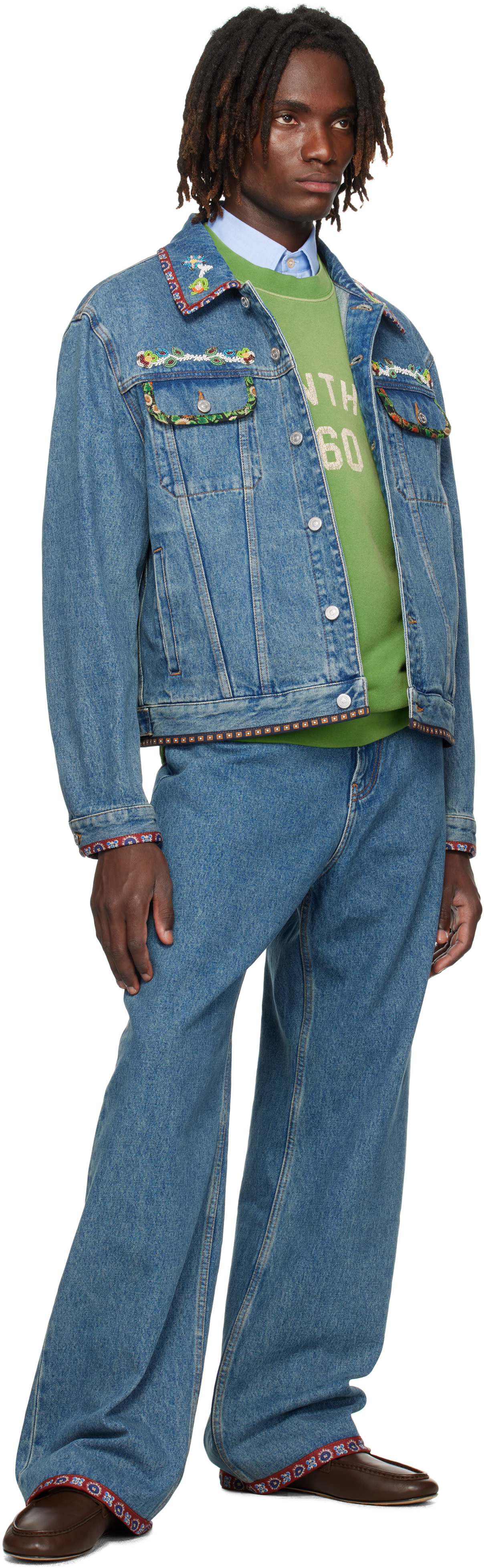 Valentino: Blue Beaded Embroidery & Printed Edges Denim Jacket
