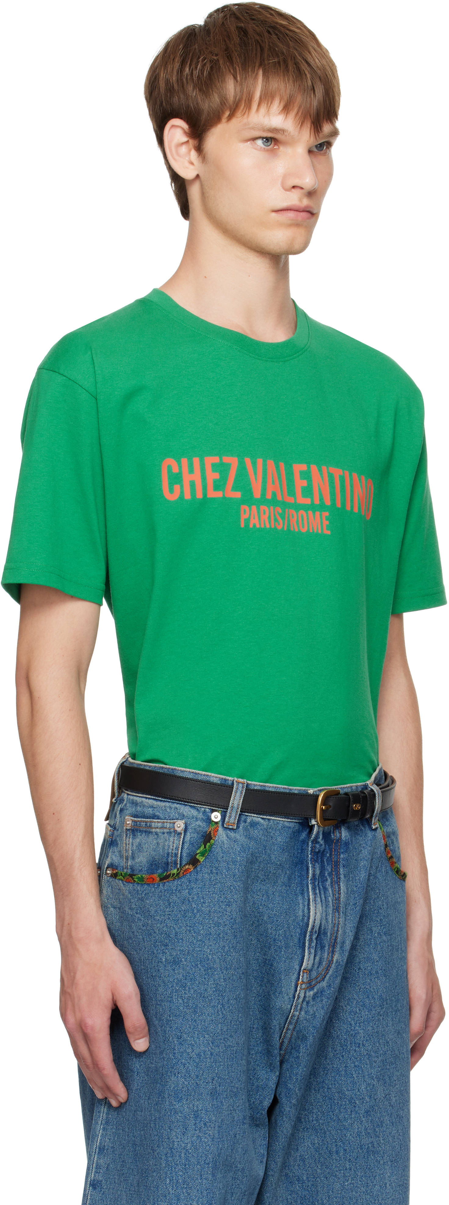 Valentino: Green 'Chez Valentino' Print T-shirt | SSENSE