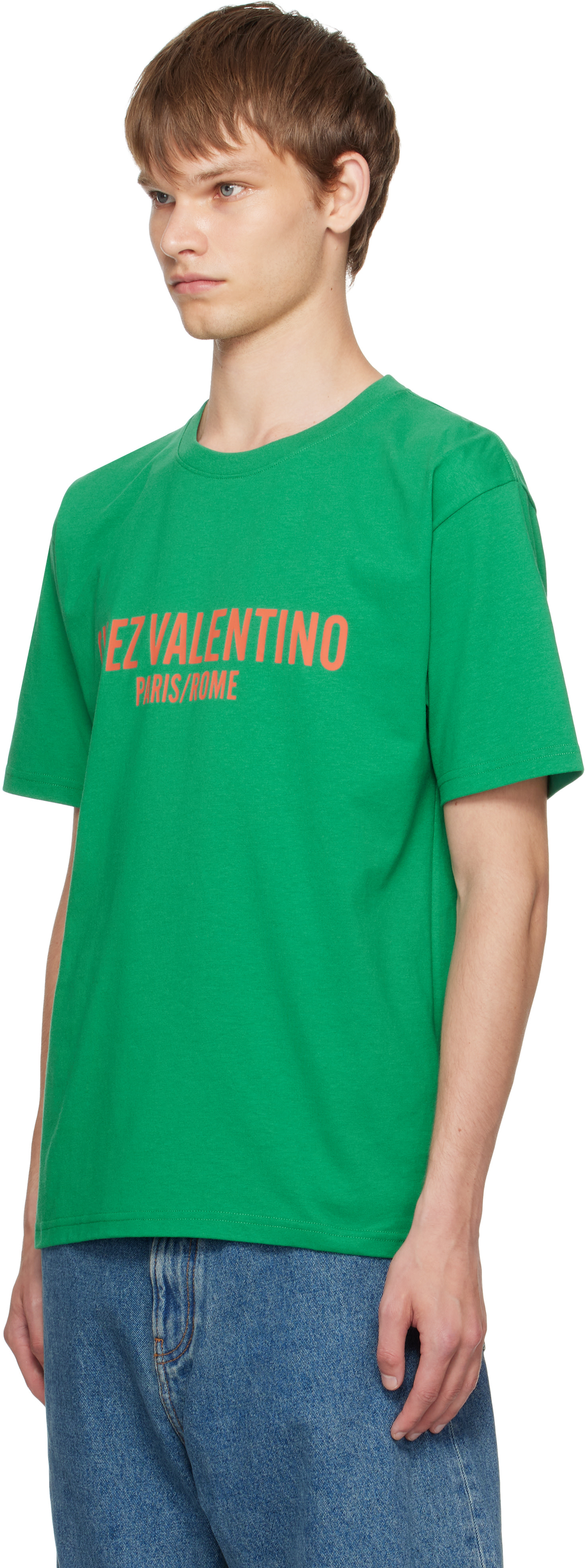 Valentino: Green 'Chez Valentino' Print T-shirt | SSENSE