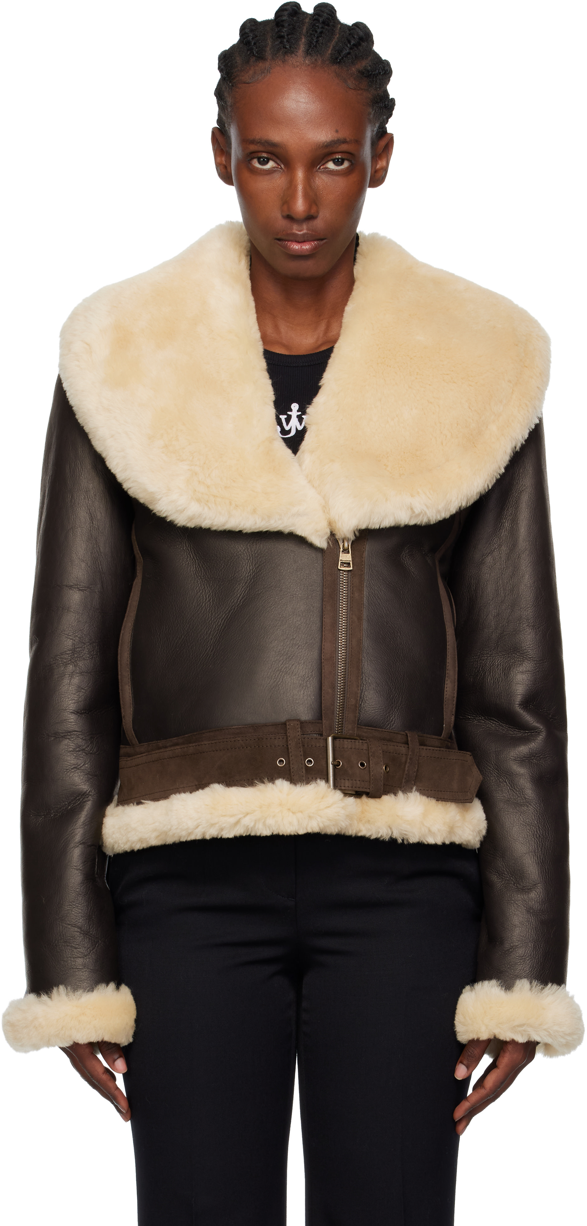 JW Anderson: Brown & Beige Aviator Shearling Jacket | SSENSE 
