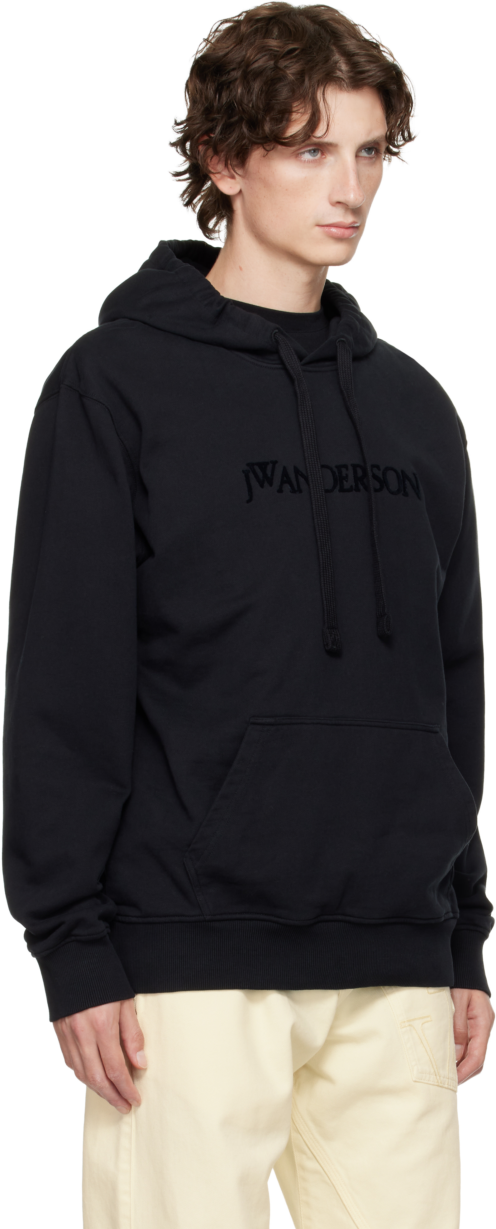 JW Anderson: Black Logo Embroidery Hoodie | SSENSE