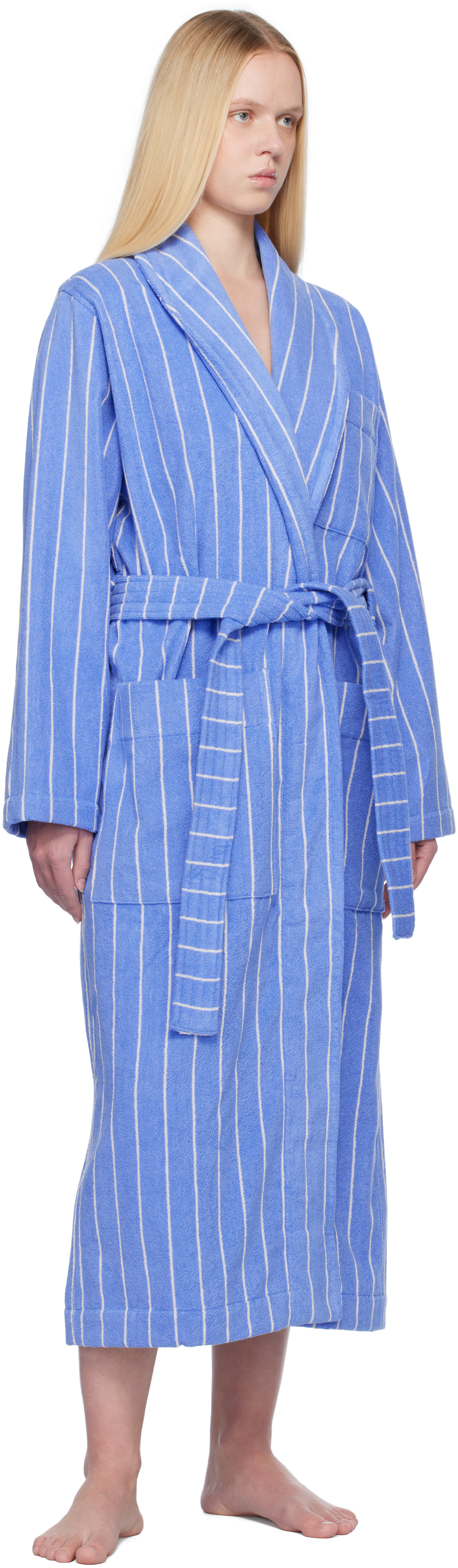 Tekla: Blue & White Terry Classic Bathrobe | SSENSE