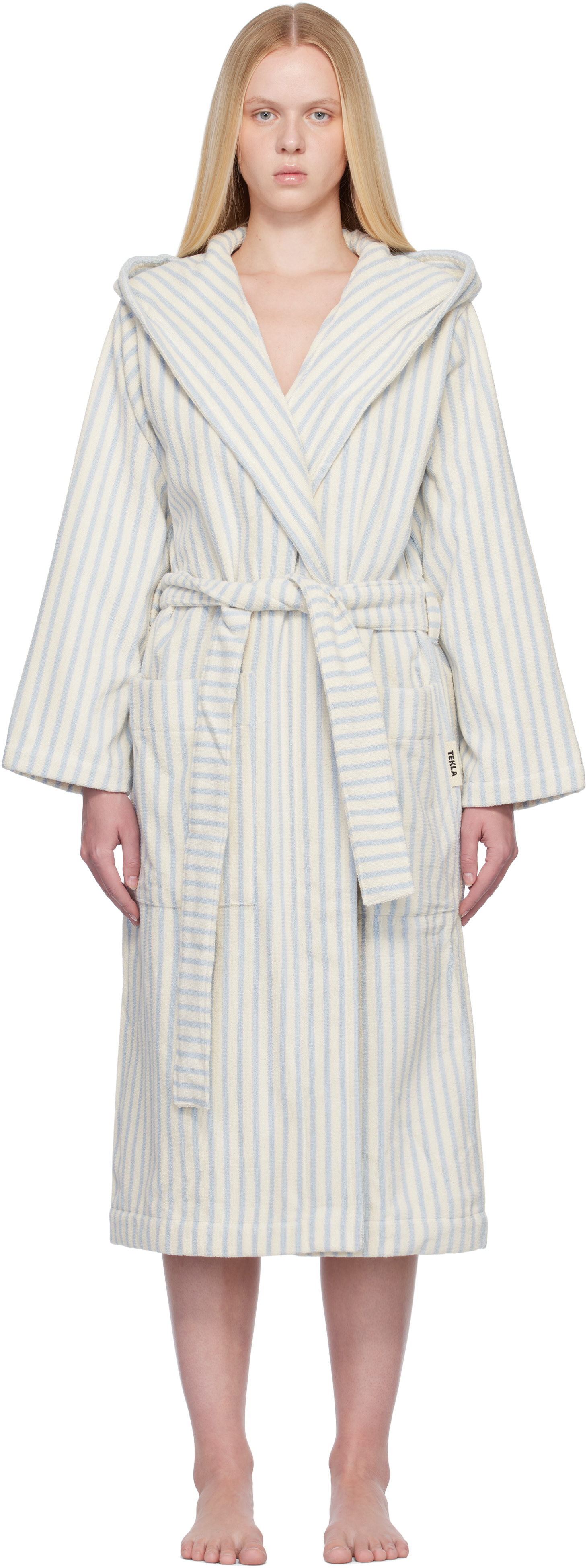 Tekla: Off-White & Blue Terry Hooded Bathrobe | SSENSE