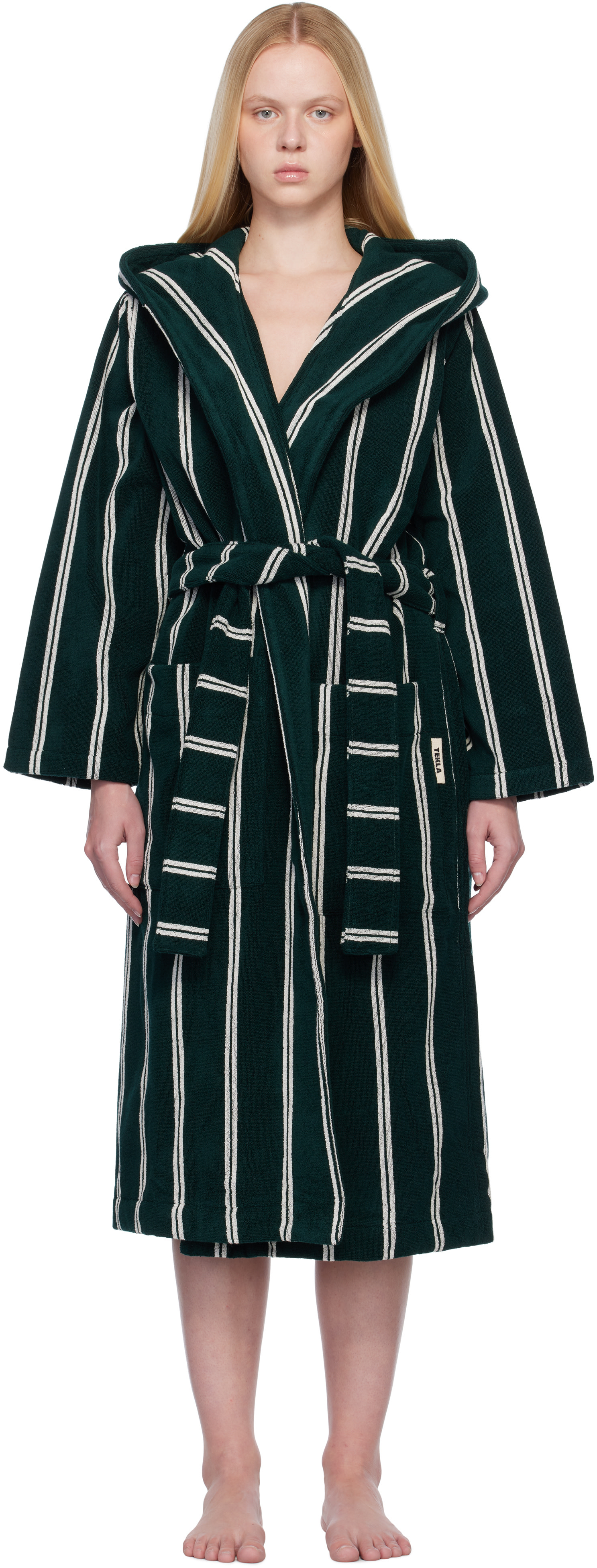 Tekla: Green & White Terry Hooded Bathrobe | SSENSE