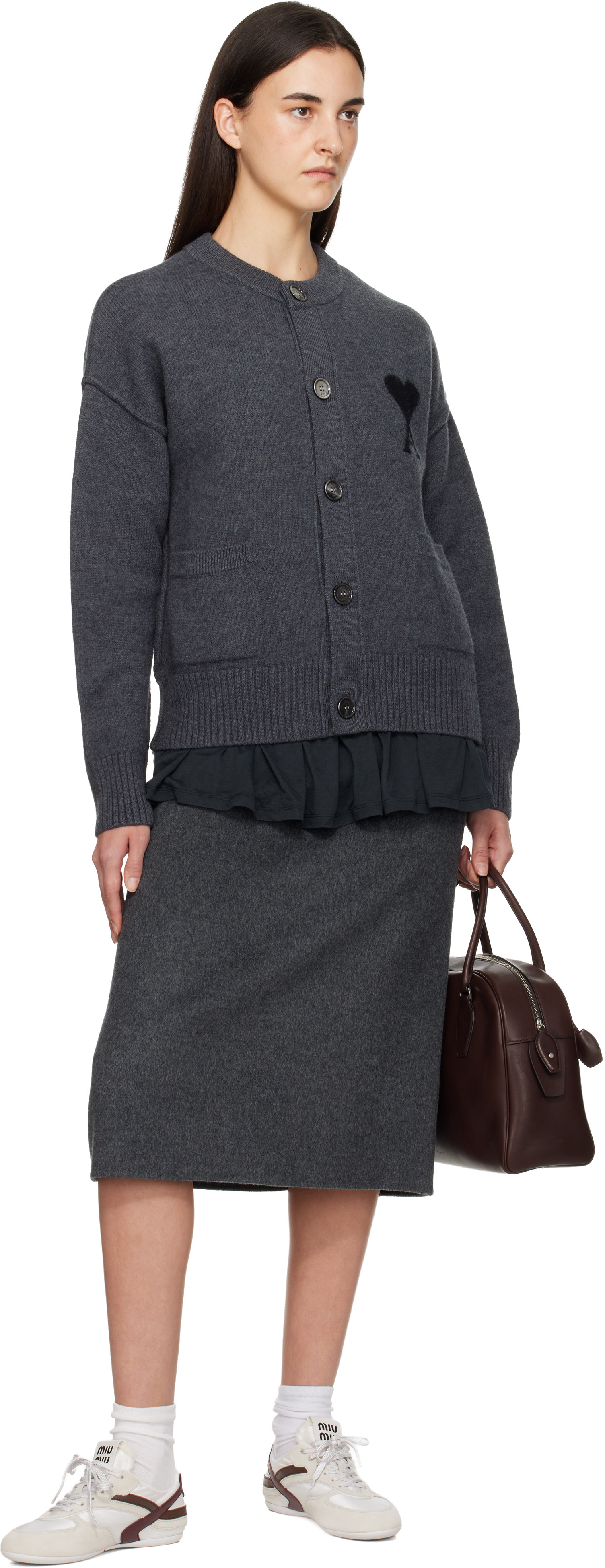AMI Paris: Gray Felted Merino Wool Knit Ami de Coeur Cardigan | SSENSE