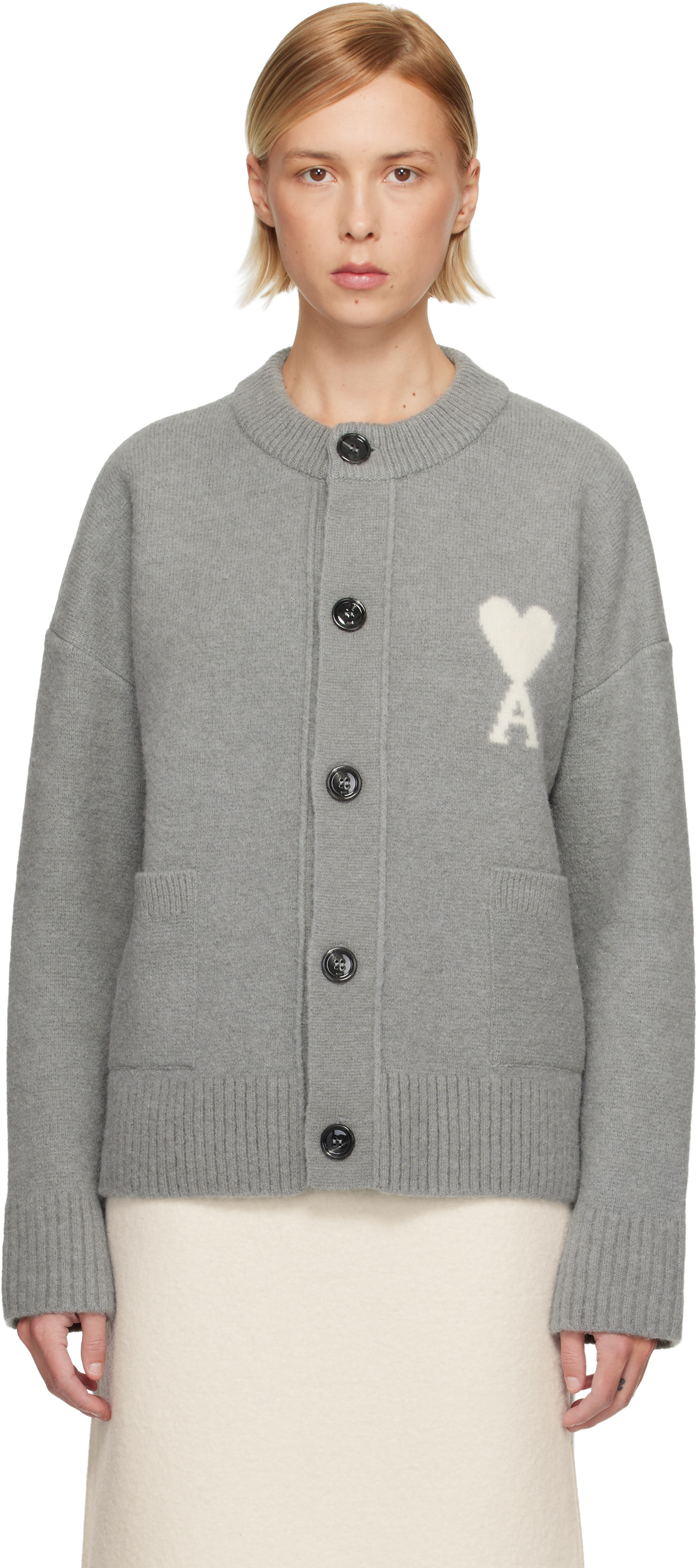 【AMI PARIS】アミドゥクール アルパカ混合ウールカーディガン AMI Paris: Gray Alpaca Ami de Coeur Cardigan | SSENSE Canada