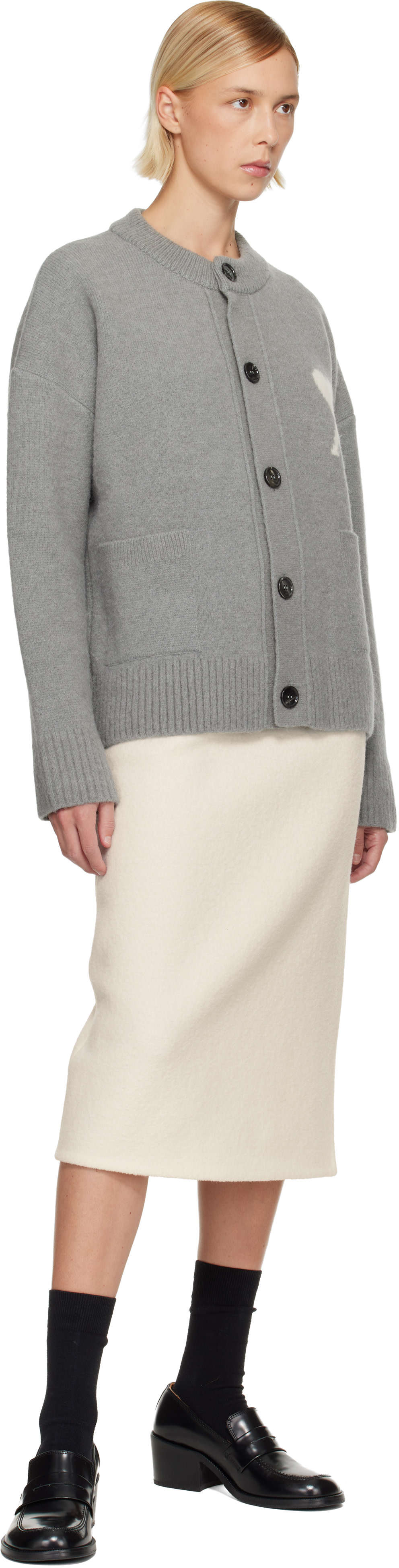 AMI Paris: Gray Alpaca Ami de Coeur Cardigan | SSENSE China