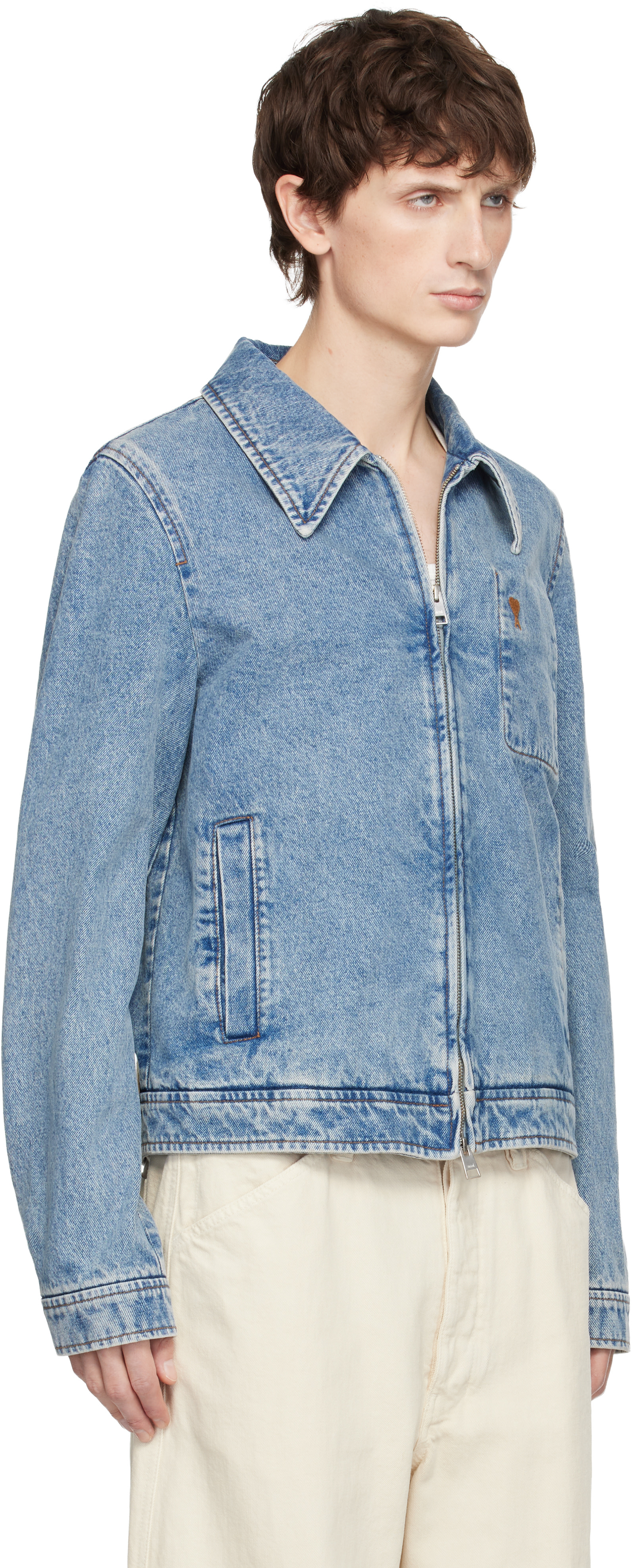 AMI Paris: Blue Cotton Ami de Coeur Zipped Denim Jacket | SSENSE