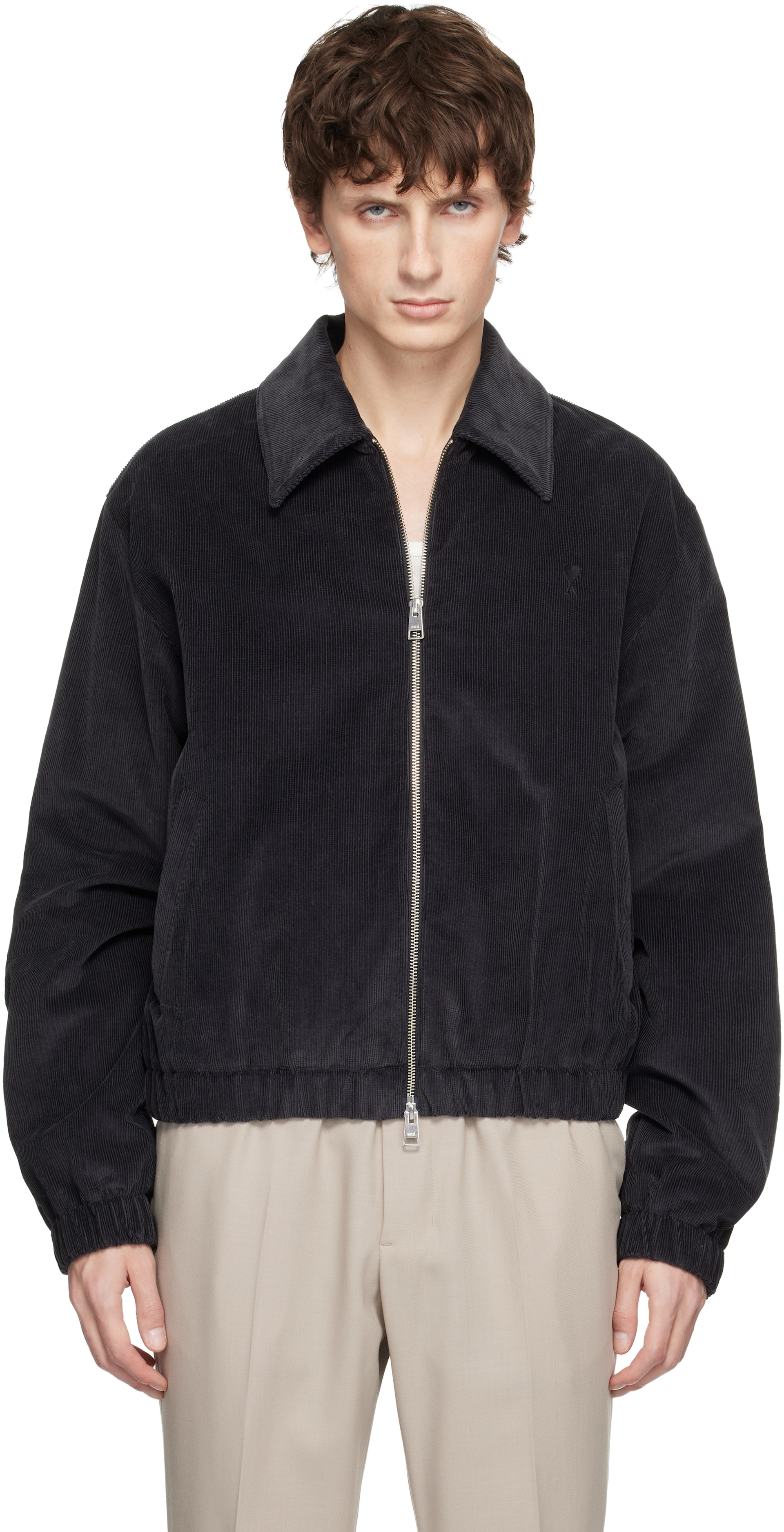 AMI Paris: Gray Cotton Ami de Coeur Padded Zipped Jacket | SSENSE AMI Paris: Gray Cotton Ami de Coeur Padded Zipped Jacket | SSENSE