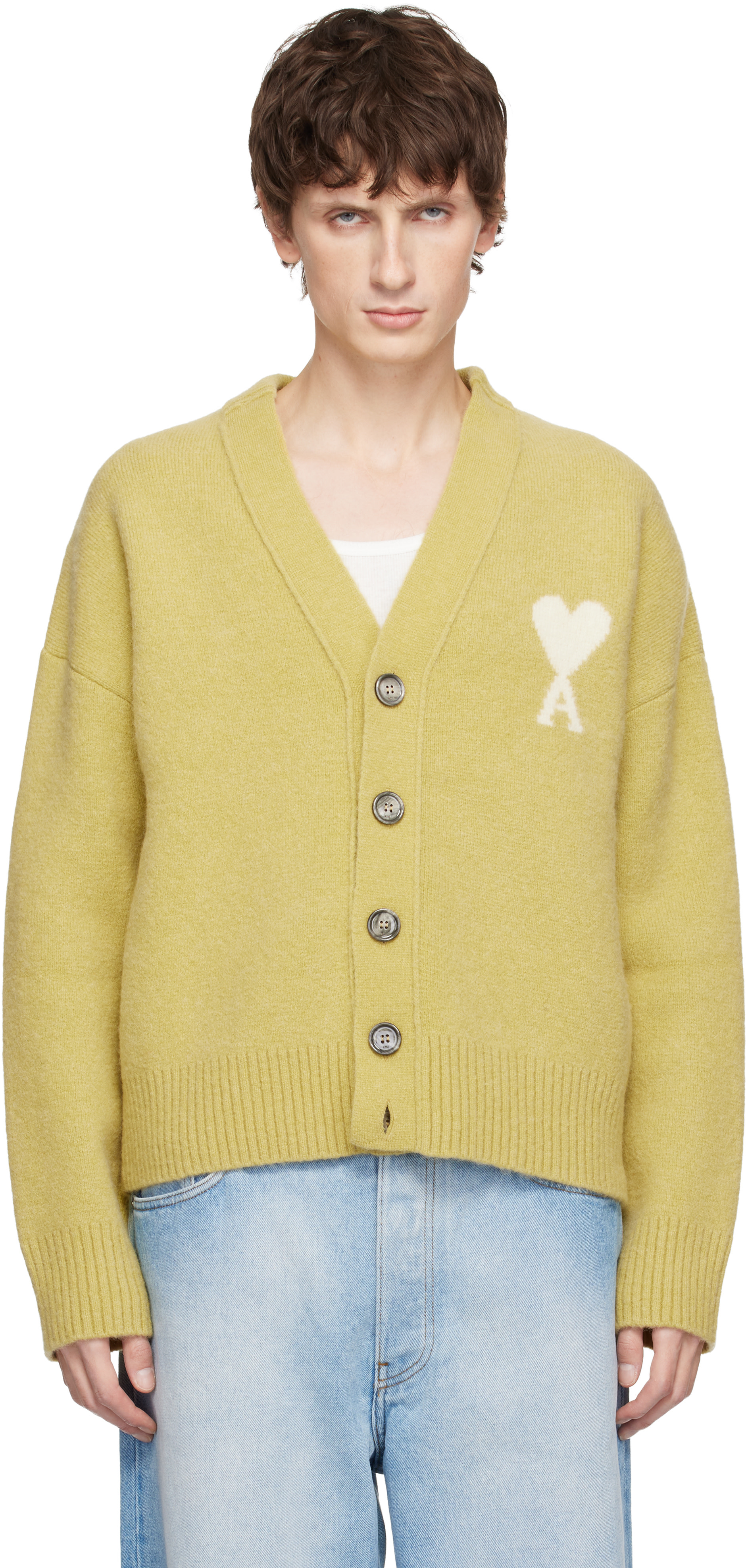 AMI Paris: Yellow Alpaca Ami De Coeur Cardigan | SSENSE Australia