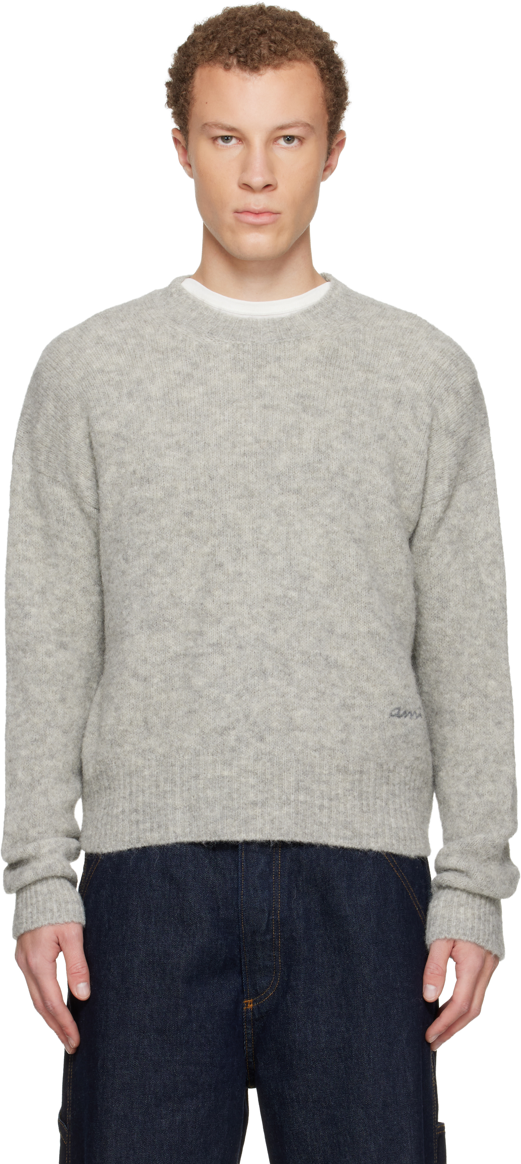 ami paris ニット　グレー AMI Paris: Gray Alpaca Ami Crewneck Sweater | SSENSE