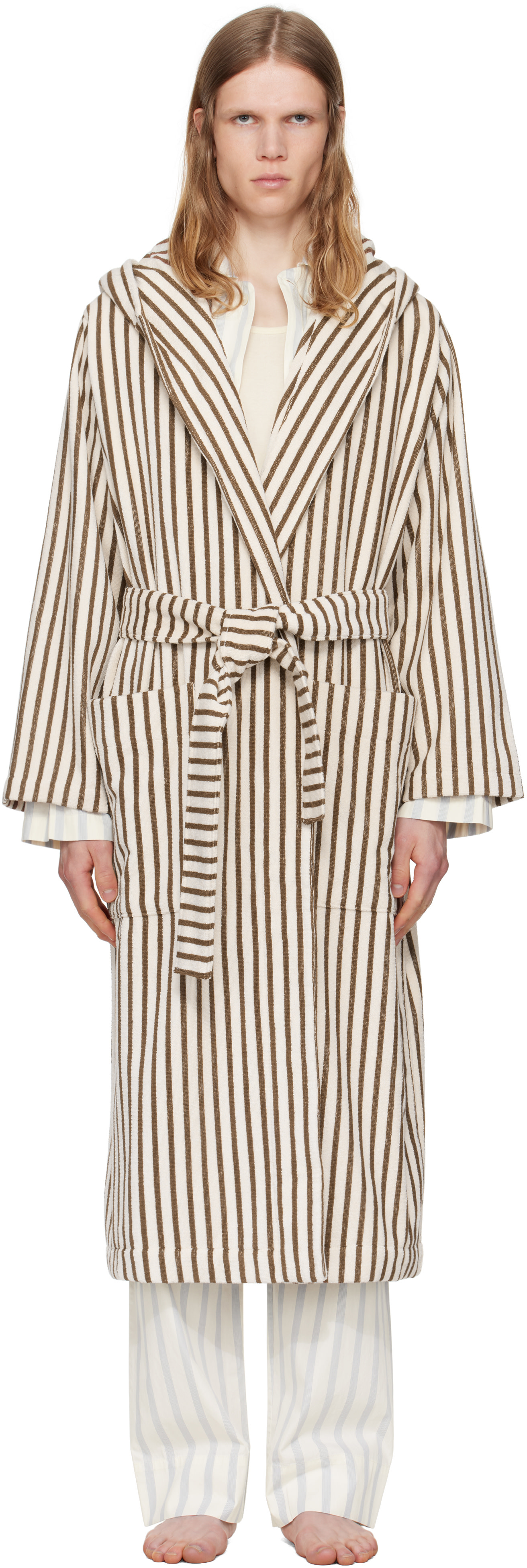 Tekla: Off-White & Brown Terry Hooded Bathrobe | SSENSE
