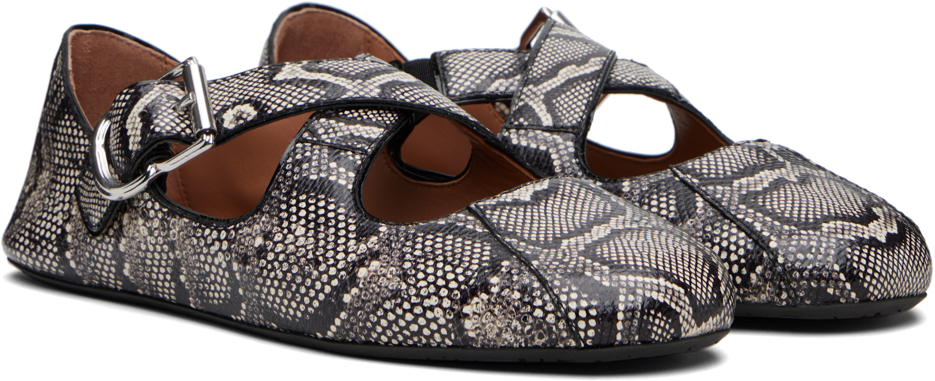 ALAÏA: ブラック＆ホワイト Criss Cross Snake フラットシューズ