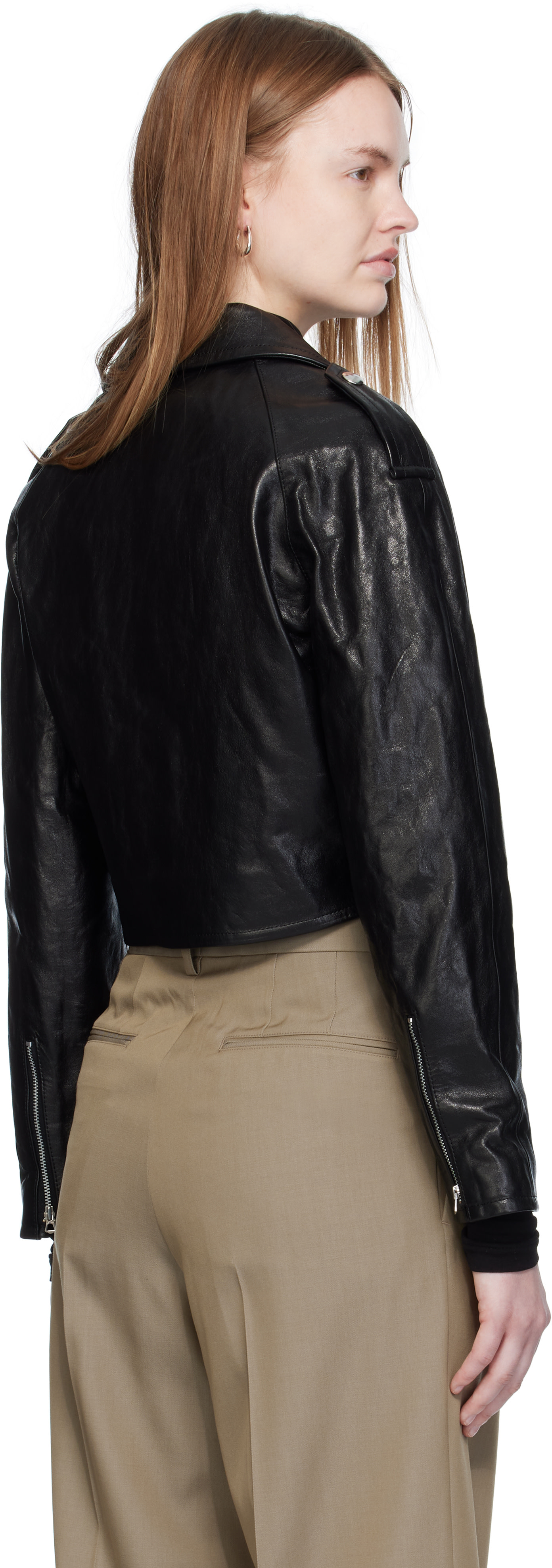 AURALEE: Black Cropped Riders Lamb Leather Jacket | SSENSE China