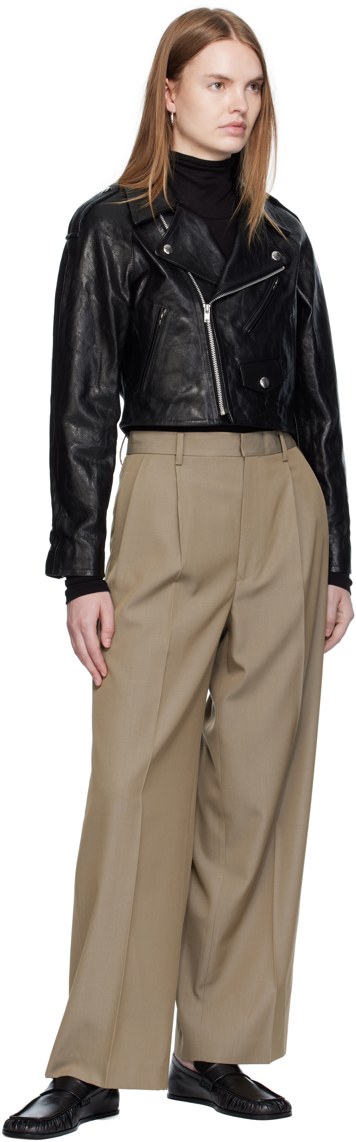 AURALEE: Black Cropped Riders Lamb Leather Jacket | SSENSE Canada