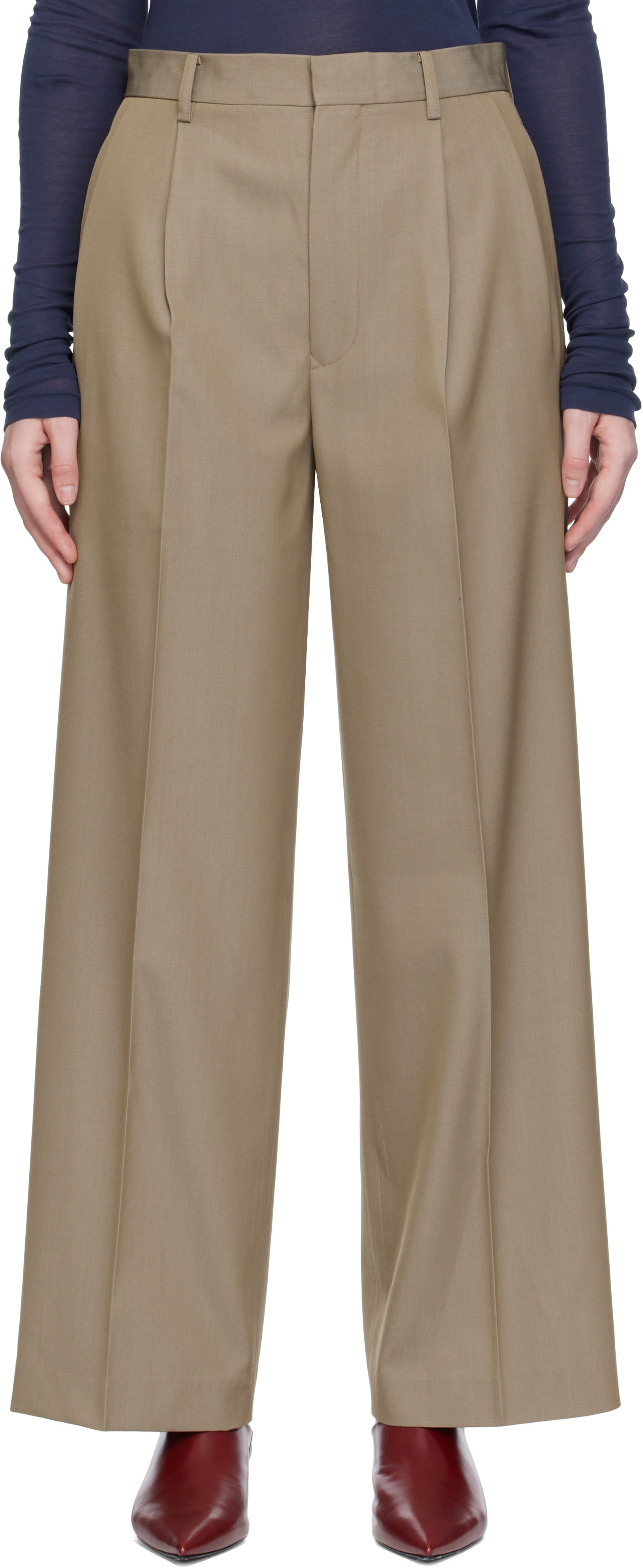 AURALEE: Beige Light Wool Max Gabardine Two-Tuck Trousers | SSENSE