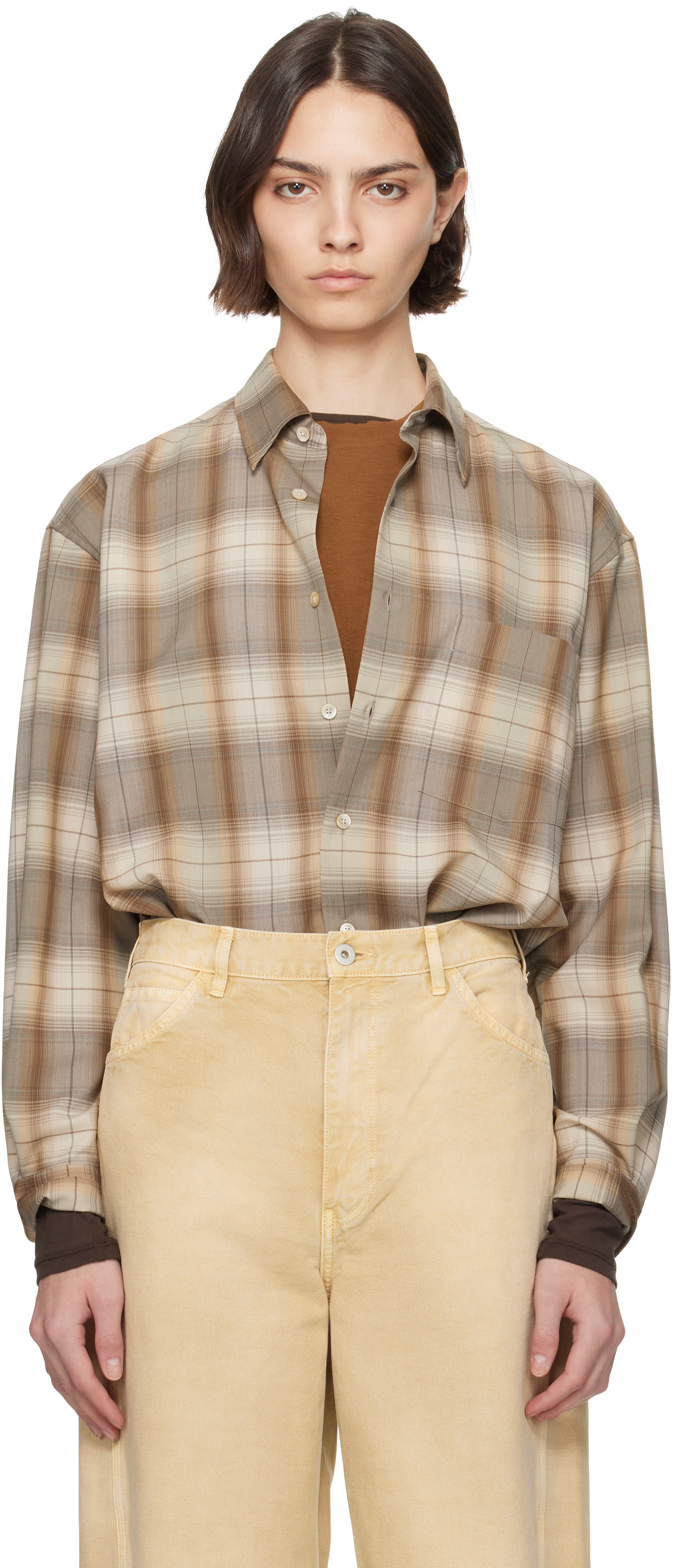 AURALEE: Brown & Gray Super Light Wool Check Shirt | SSENSE Singapore