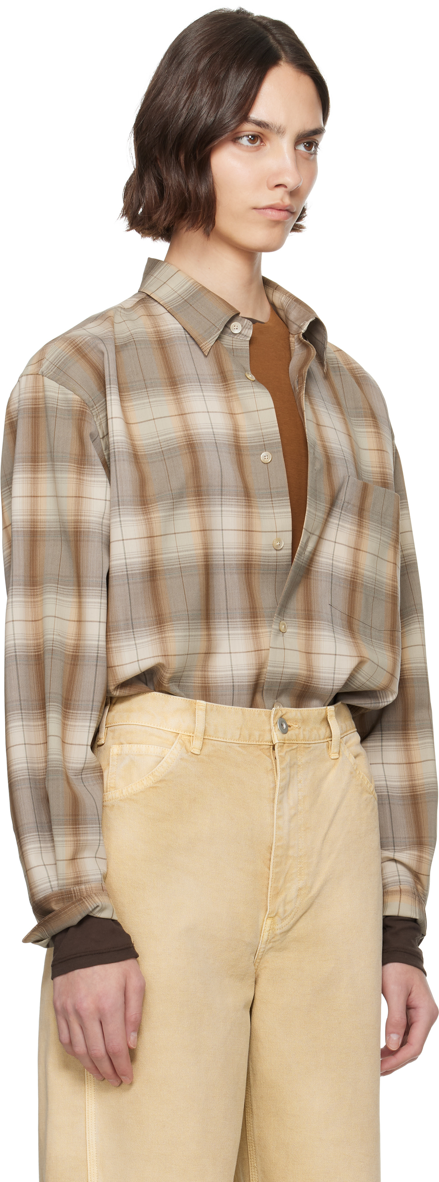 AURALEE: Brown & Gray Super Light Wool Check Shirt | SSENSE Canada